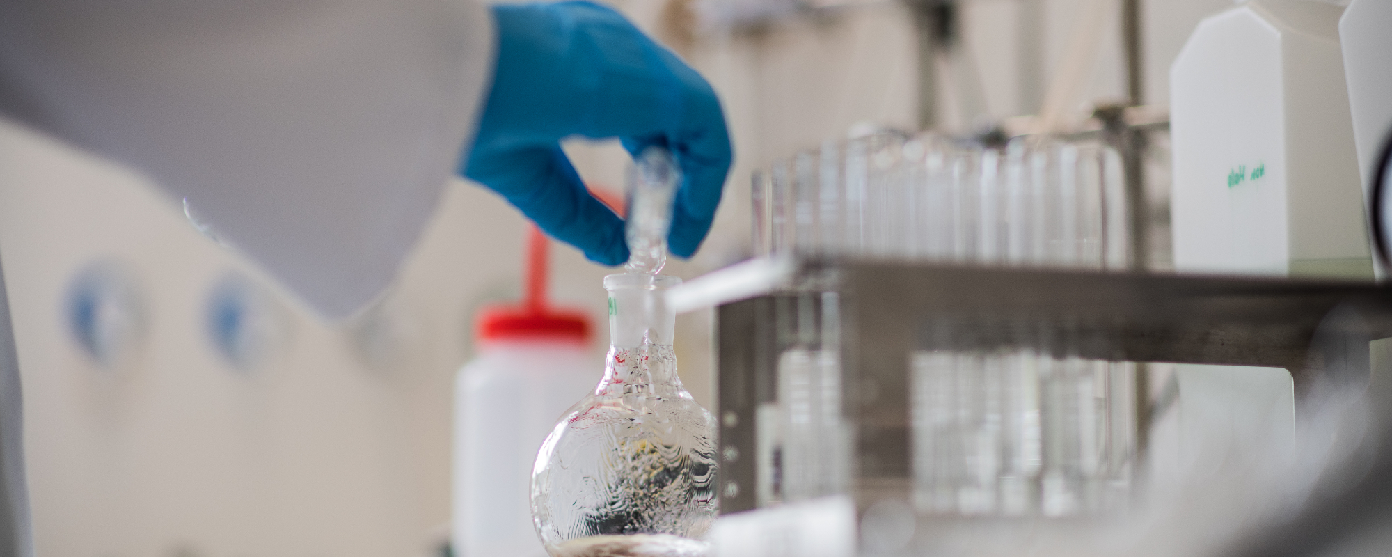 A hand wearing a blue glove pours liquid into a beaker. The background setting is a laboratory. Image copyright Amber-Jayne Bain, used with permission.