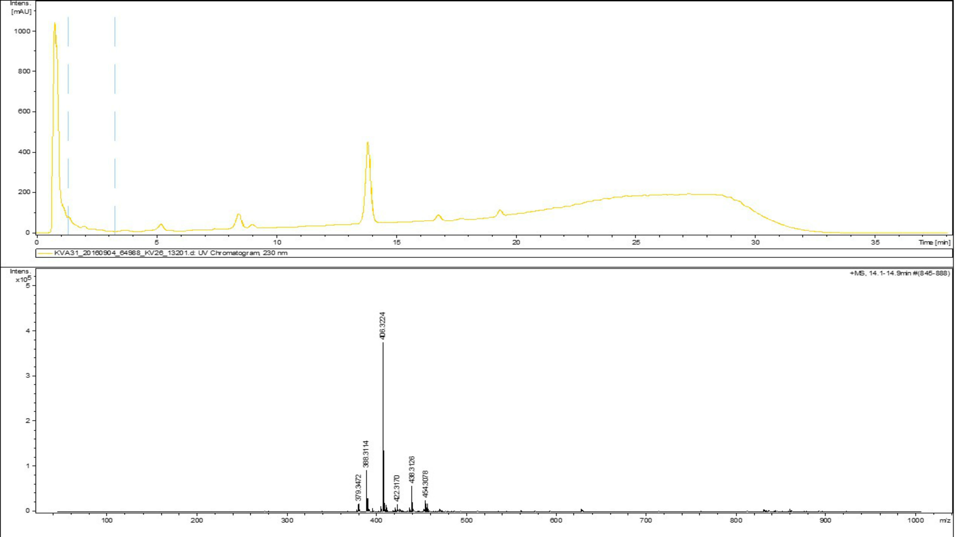 Data from our HPLC/MS. The starred peak at 14.3-14.9 minutes indicates a compound of interest and its corresponding MS parent ion ([M+H]+ 406.32 m/z) helps us start to determine its identity.