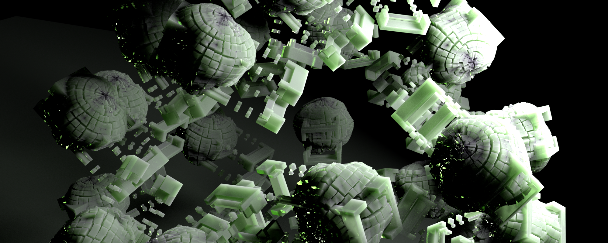 Abstract 3D shapes in green on dark background.