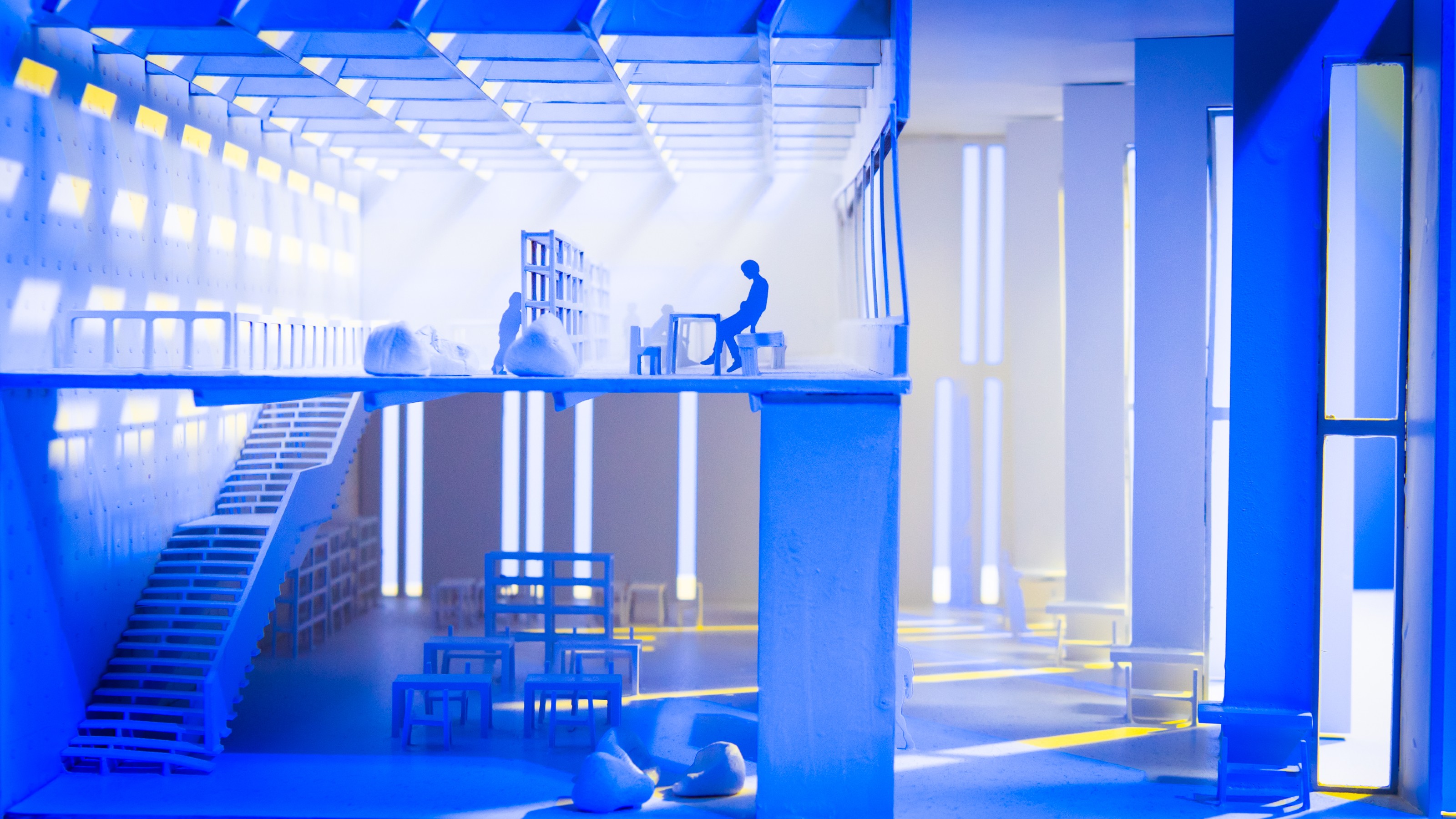 close up of interior of architectural model bathed in blue light