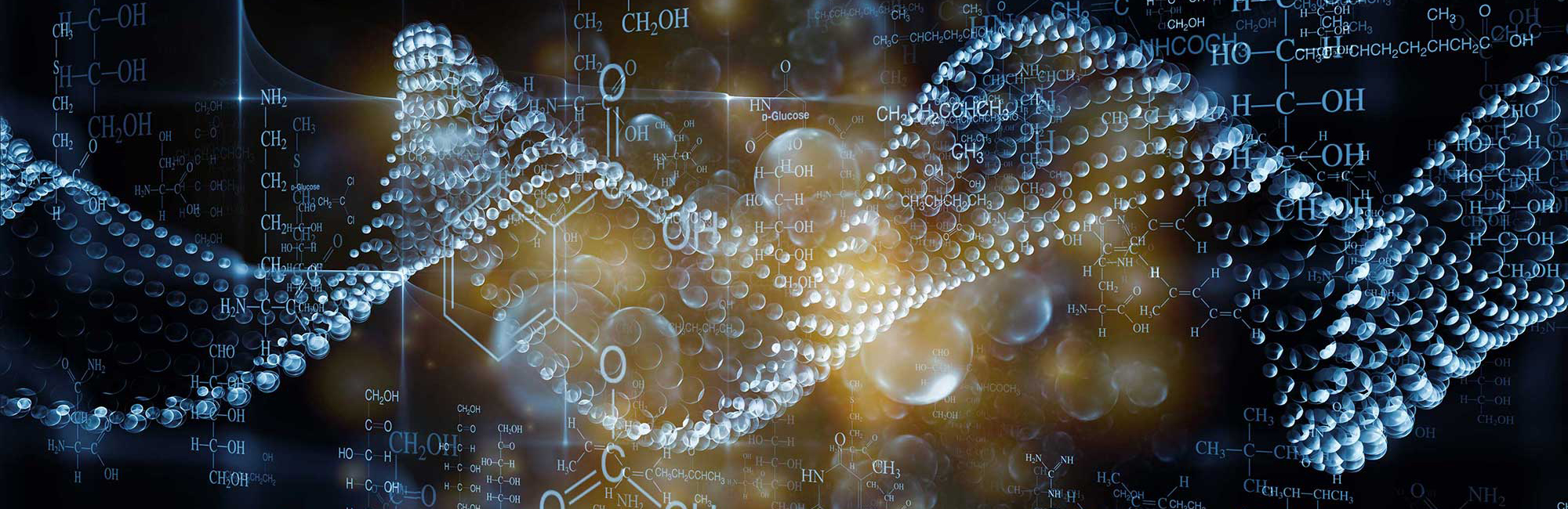 Banner image – an abstract image with elements that mirror the helix of DNA, and structural formulas that represent different molecules suspended against a black background.