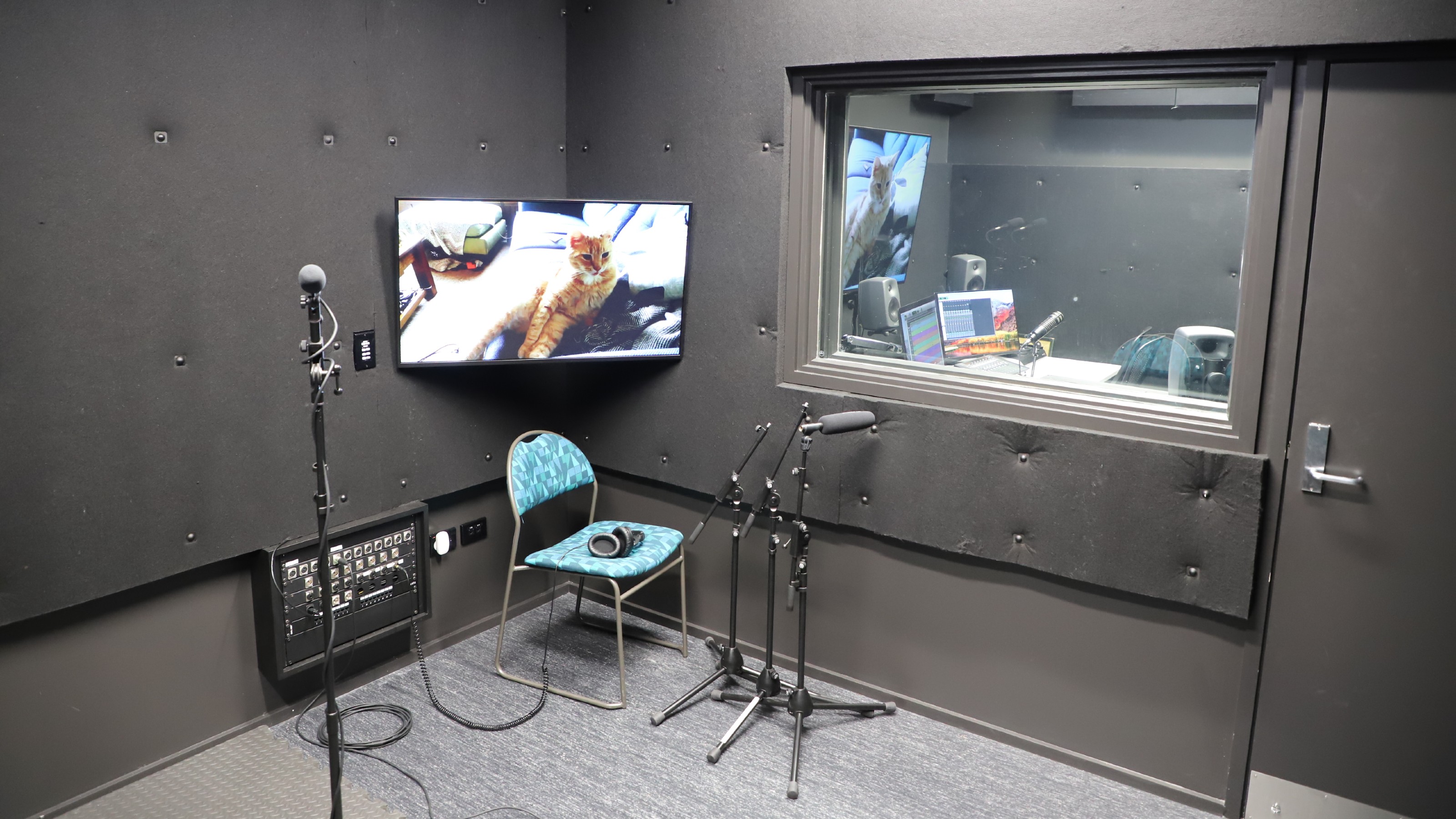 View of the Folley room, with chair, screen, and mics.