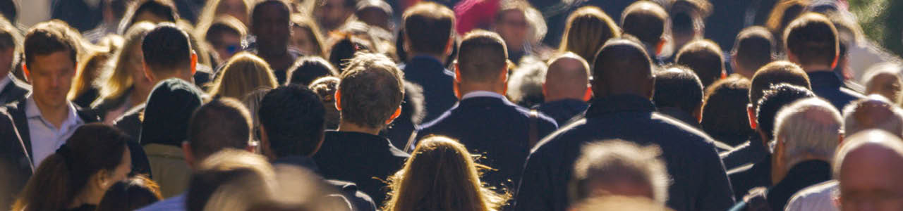 The backs of people’s heads in a crowded area.