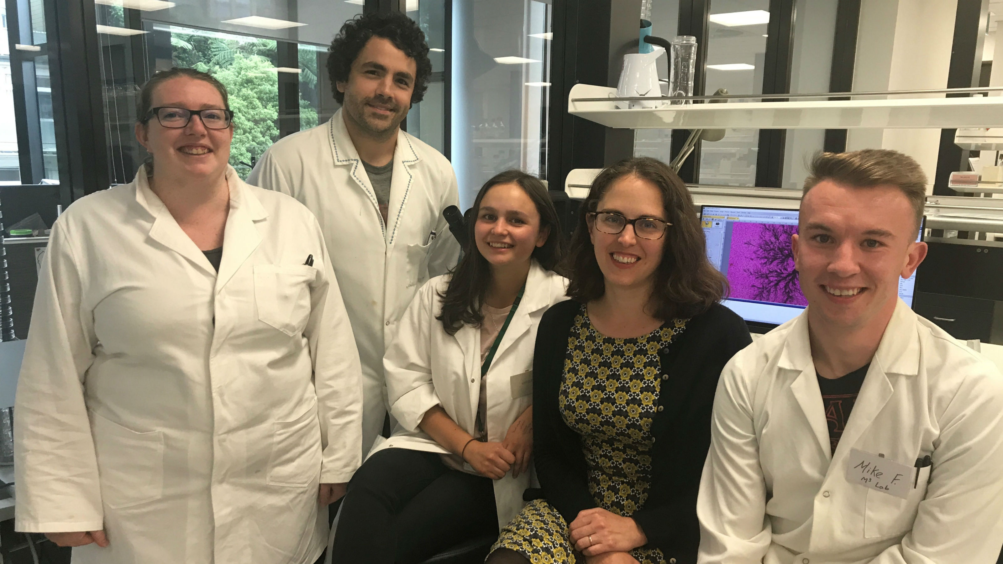 Members of “Team Phytophthora” in the Centre for Biodiscovery’s research laboratory. From left: Kaitlyn Daley (MSc student); Dr Randy Lacey (postdoctoral fellow); Haileigh Patterson (summer student); Dr Monica Gerth (Principal Investigator); and Mike Fairhurst (PhD student).