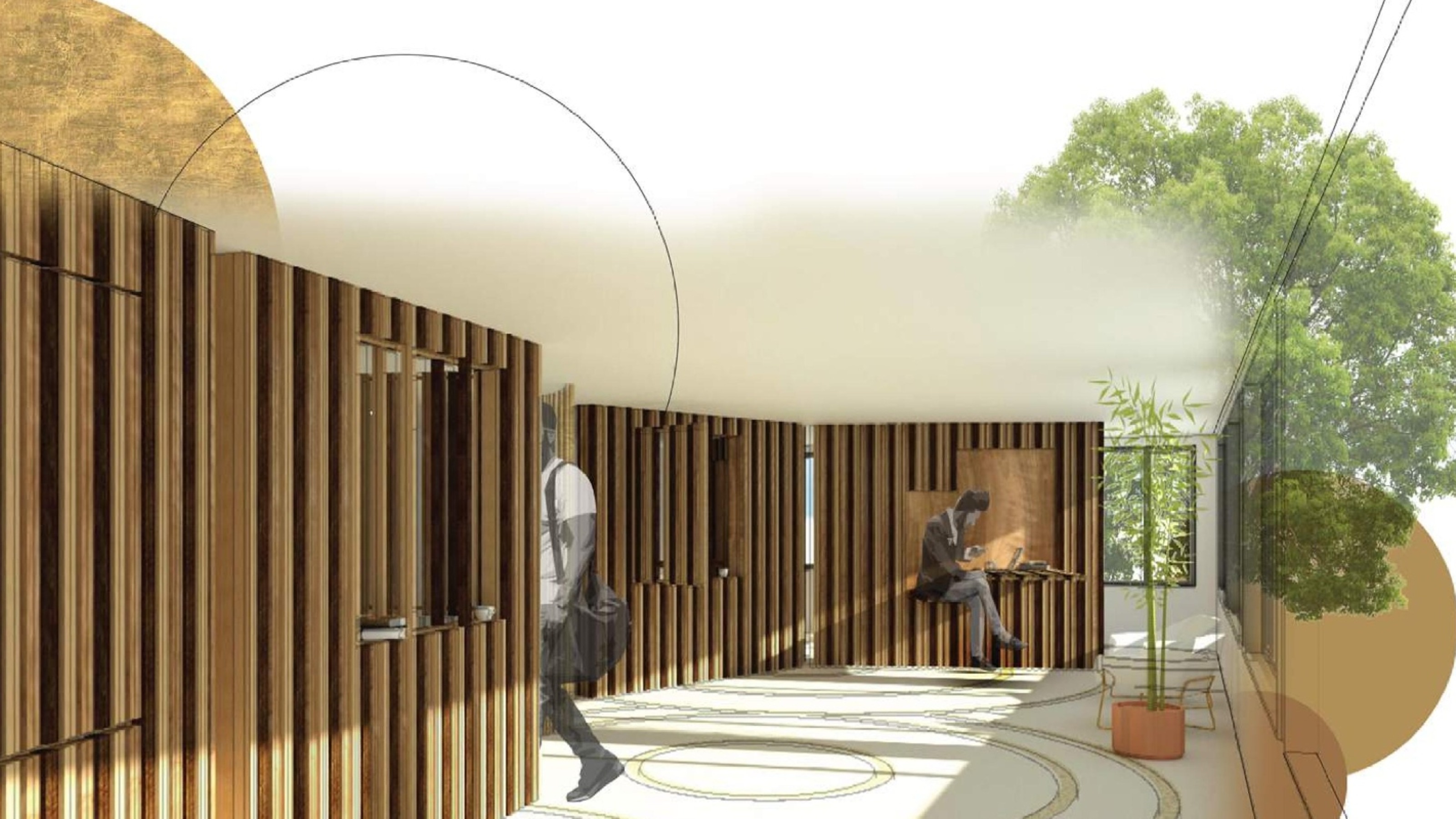 Open floorplan concept with wood wall features