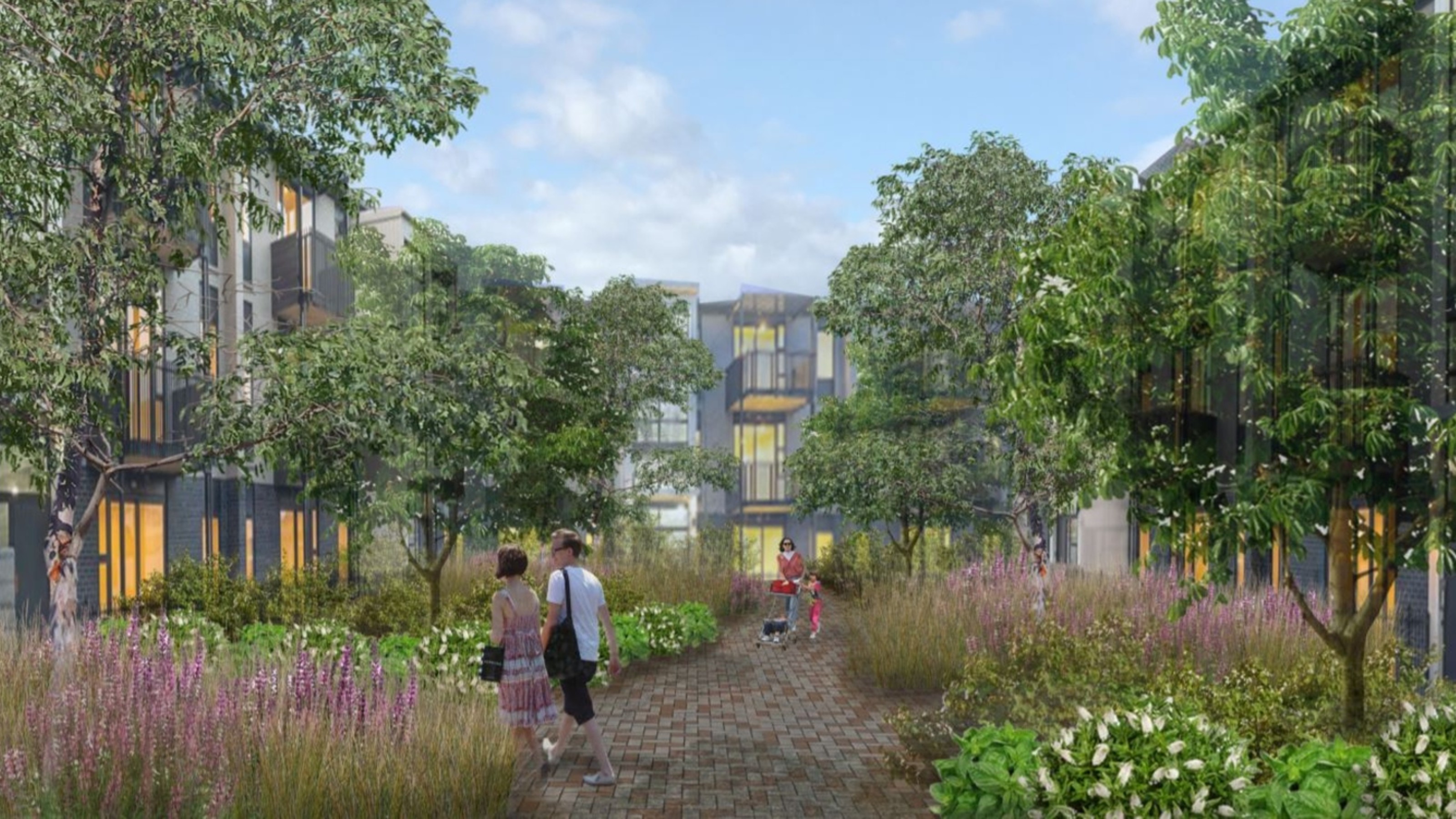 CG image of residents wandering through bushy courtyard flanked by modern two-storey apartments