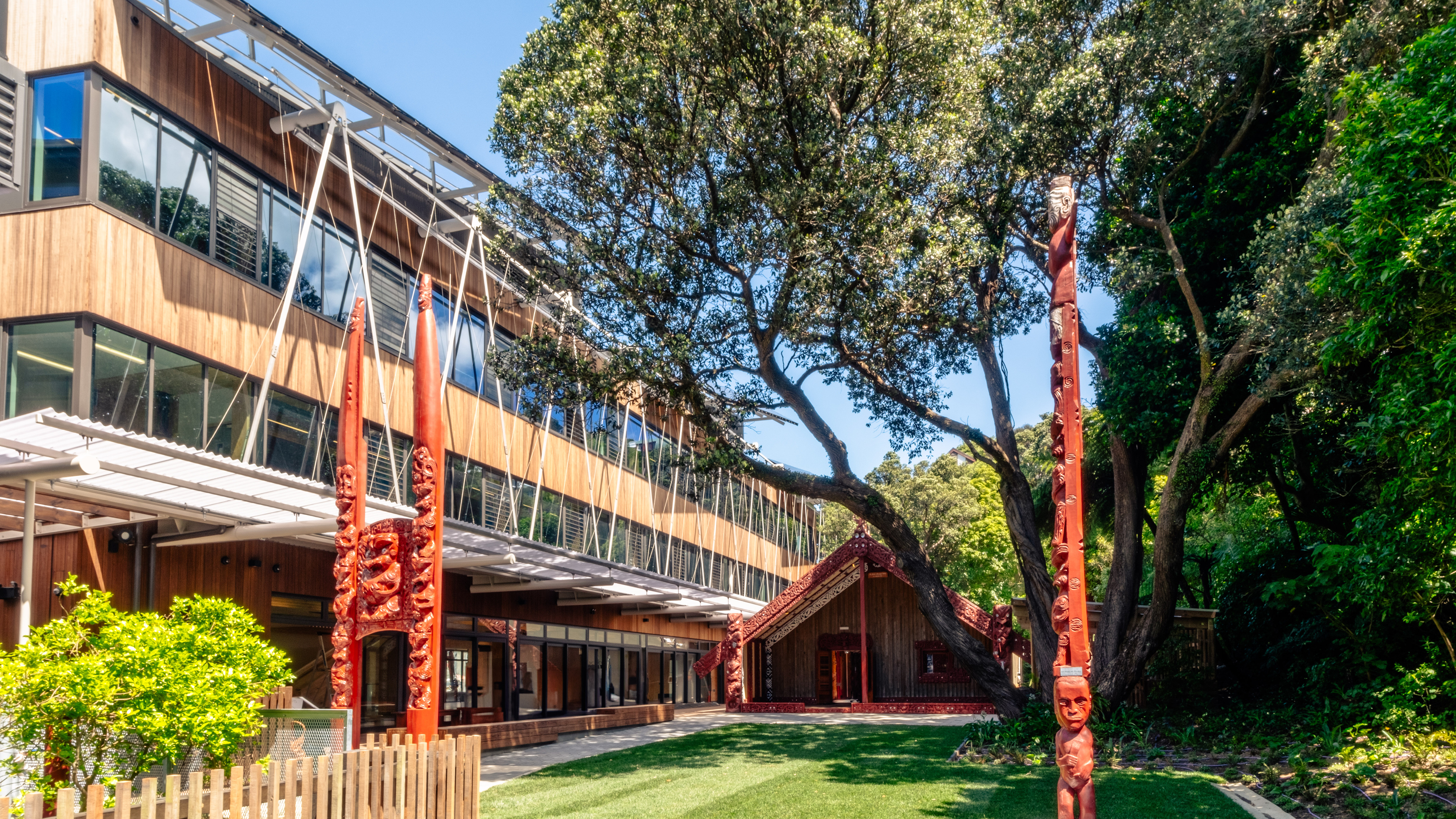 Te Herenga Waka marae showing Ngā Mokopuna and the wharenui from the lawn