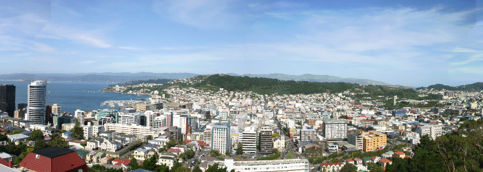 A panoramic photograph of Wellington taken from the third floor of Cotton Building on the University's Kelburn campus.