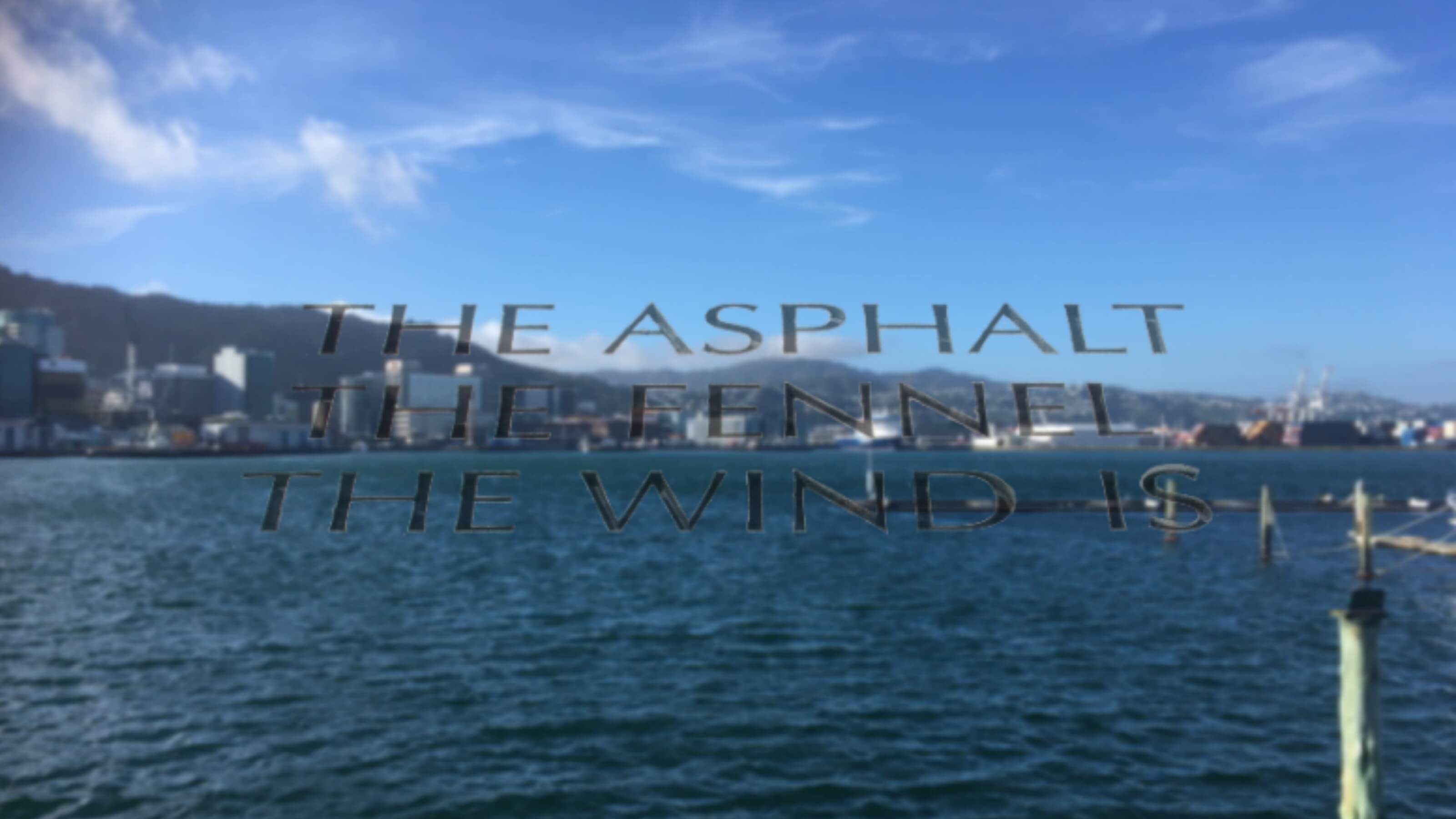 An image of water with overliad text that reads, The asphalt, The fennel, The wind is.