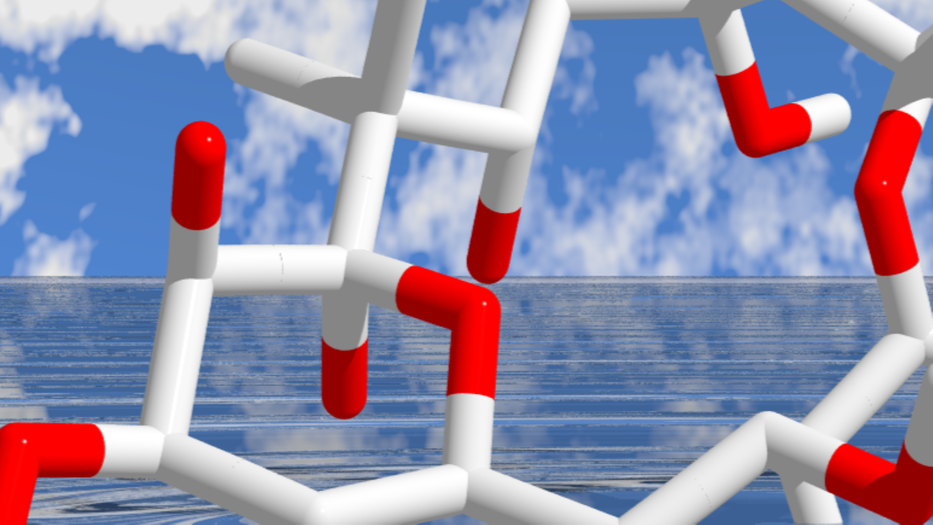 Illustrated design of chemical structure with sea and sky in the background.