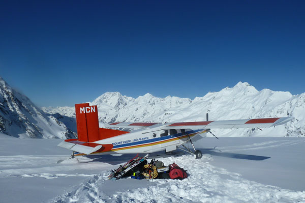 A snow plane delivers surveying equipment to Tasman Saddle, upper Tasman Glacier, Southern Alps c. Shaun Eaves 2012
