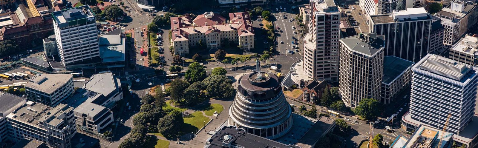 Aerial photo of Wellington's parliamentary precinct featuring Rutherford House and New Zealand's parliamentary grounds.