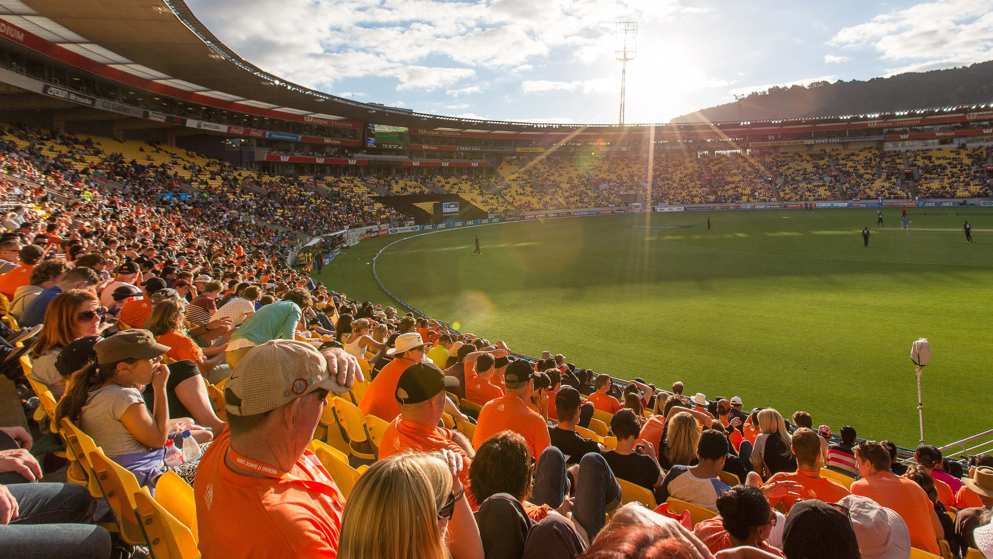 Crowd of people watching sporting match live from Westpac Stadium in Wellington.
