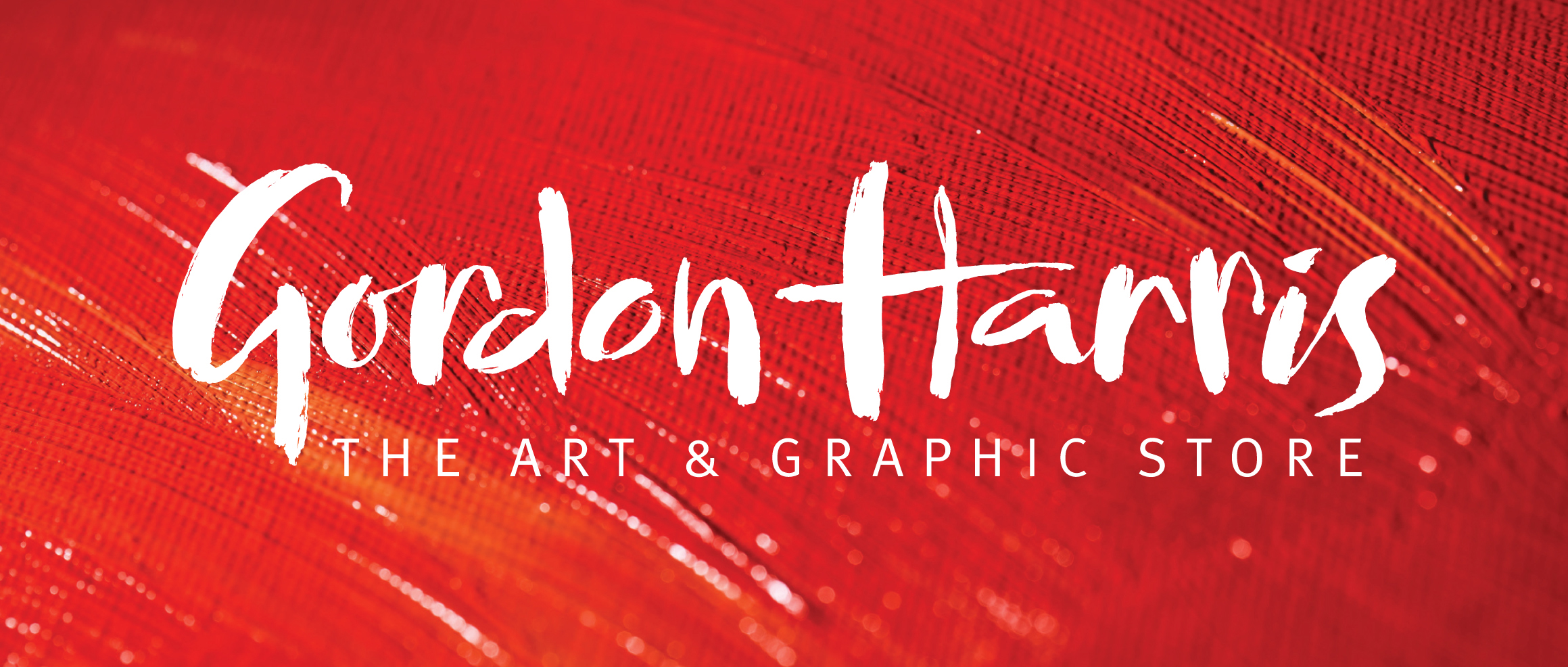 The words 'Gordan Harris The Art and Graphic Store' are in white text, overtop of red paint smears in the background.