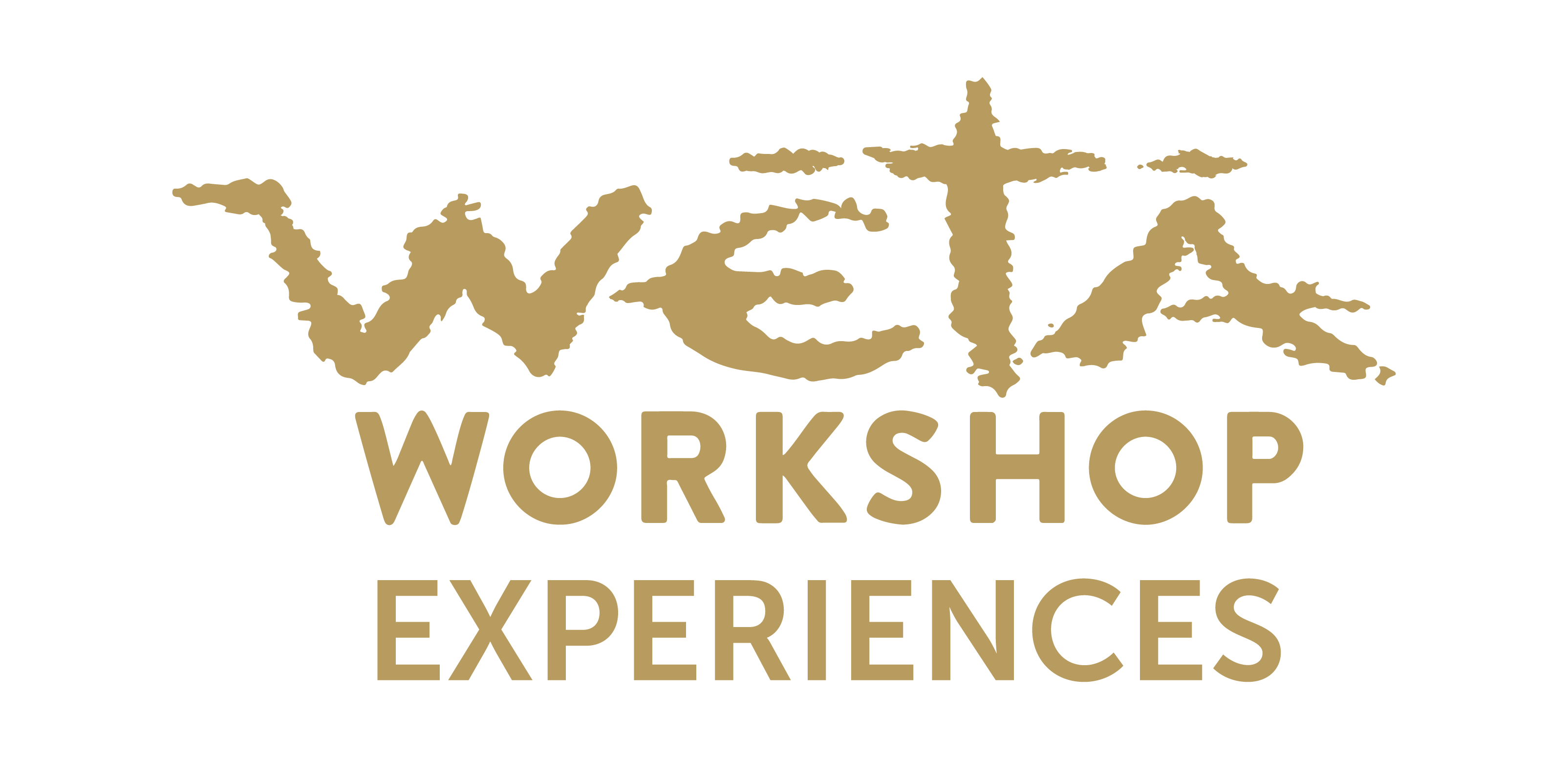 This is the Wētā Workshop logo which says 'Weta Workshop experiences' in earthy light brown text. The 'wētā' part of the text is in a scratchy font.