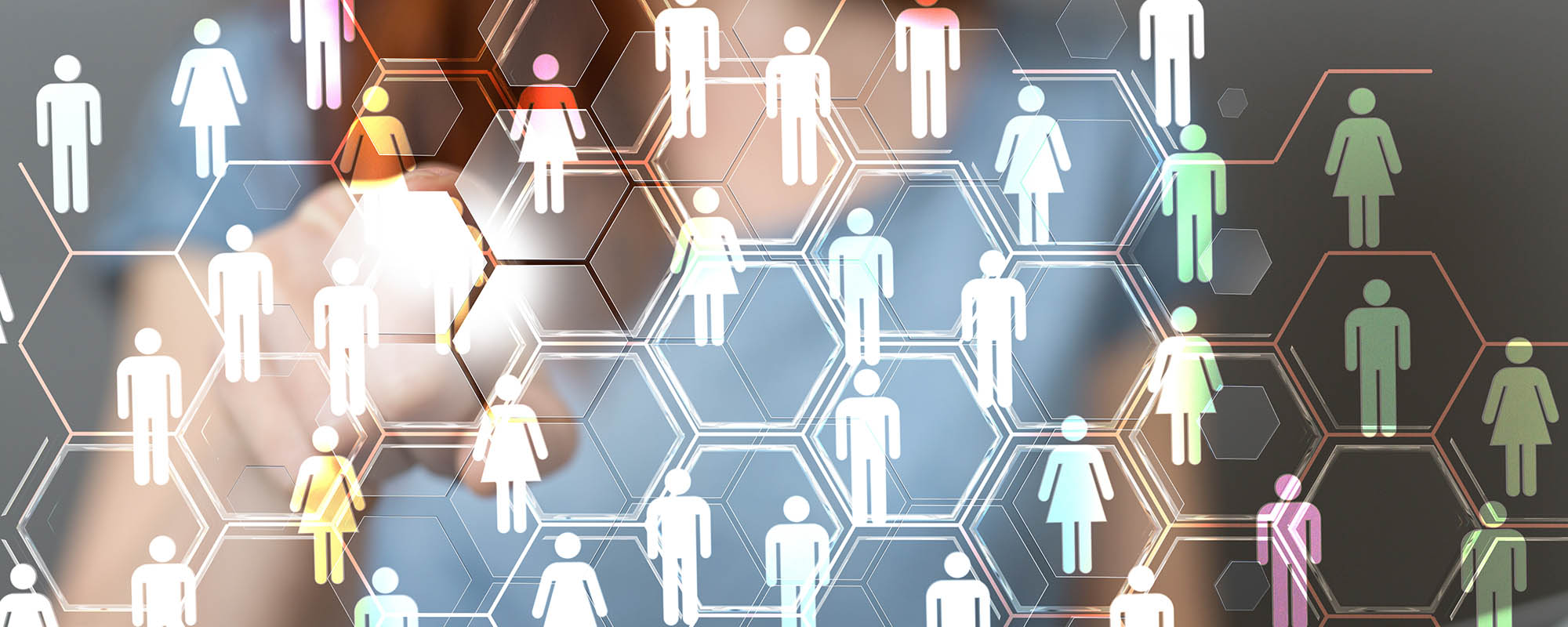 Abstract image feature symbols of people, hexagon shapes, and a blurred woman in the background pointing at the camera.