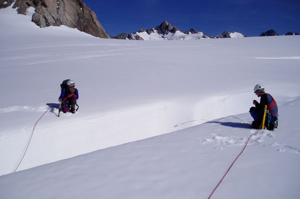 Measuring snow depth down crevasses, Franz Josef Glacier c. Andrew Mackintosh 2005