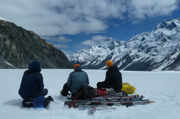 Waiting for helicopter pick-up after a successful fieldwork campaign, Tasman glacier, Southern Alps c. Shaun Eaves 2012