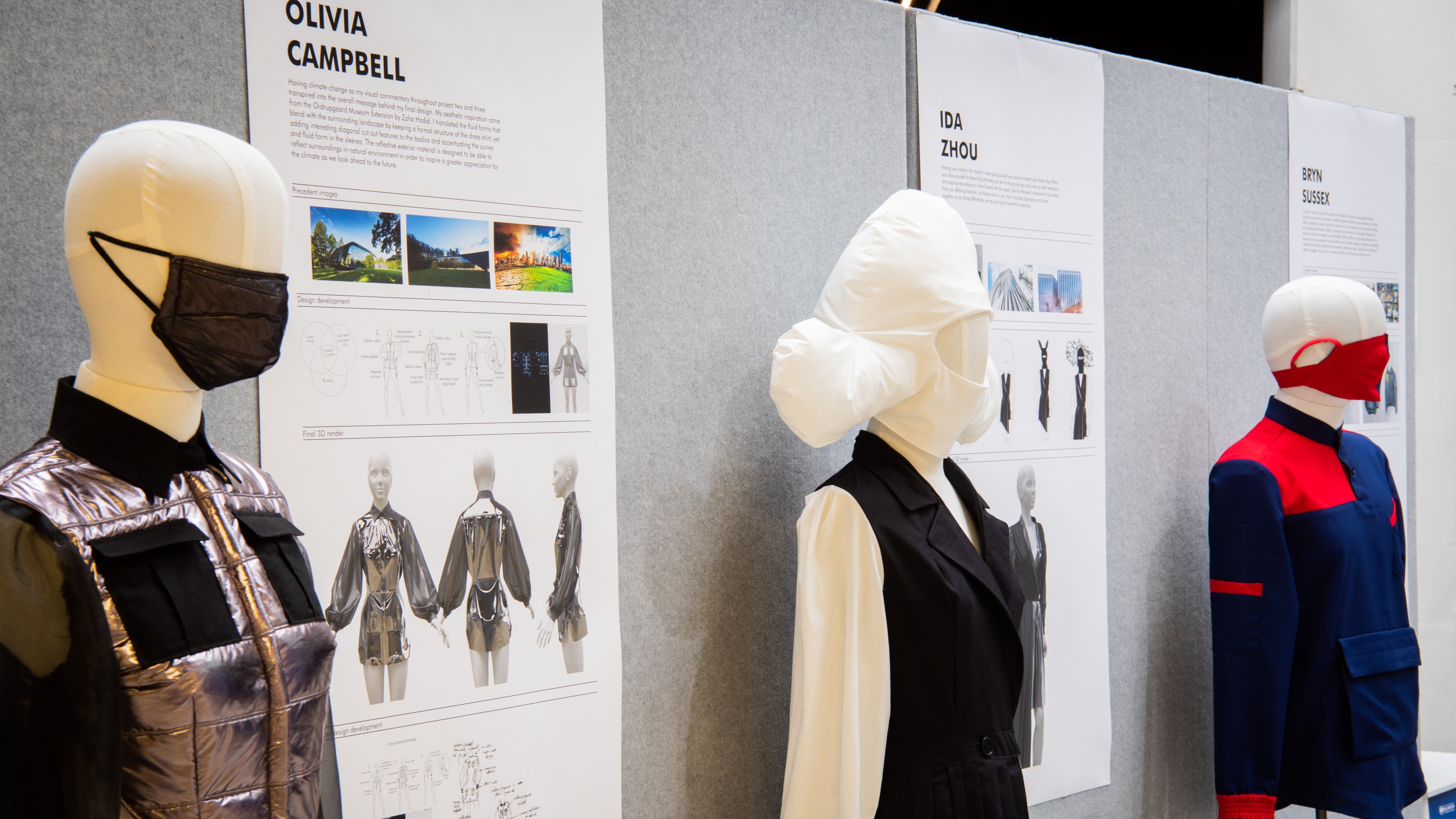 Display of mannequins showing Fashion Design Technology students work on display at RNDR20 our end of year exhibition