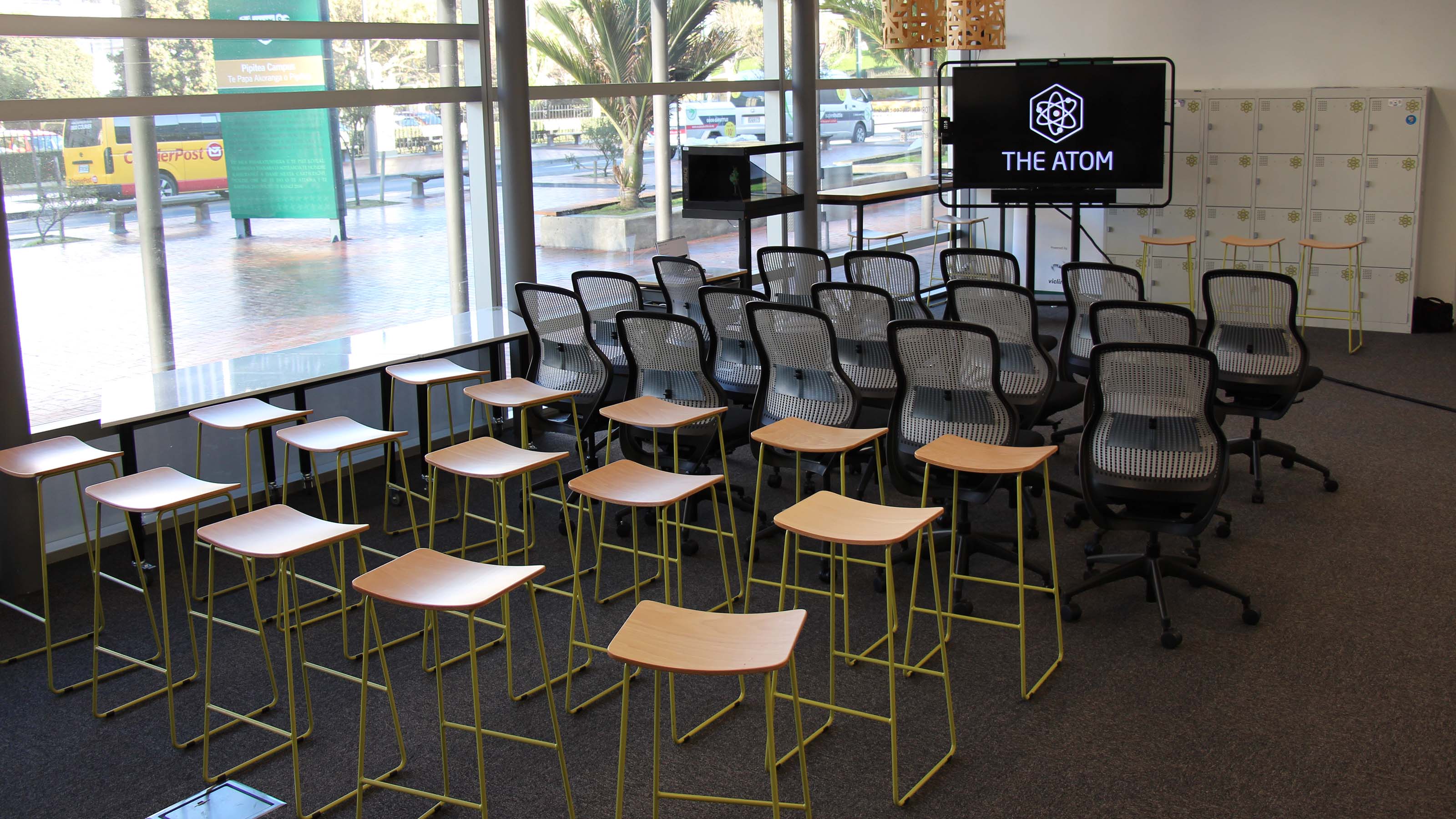 The Atom Innovation space setup for a meeting.