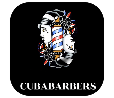 The Cuba Barbers logo features a mirror graphic of a black and white animated person with a Barber's pole in the middle. The logo is on a black background and the word 'CUBABARBERS' is below the logo.