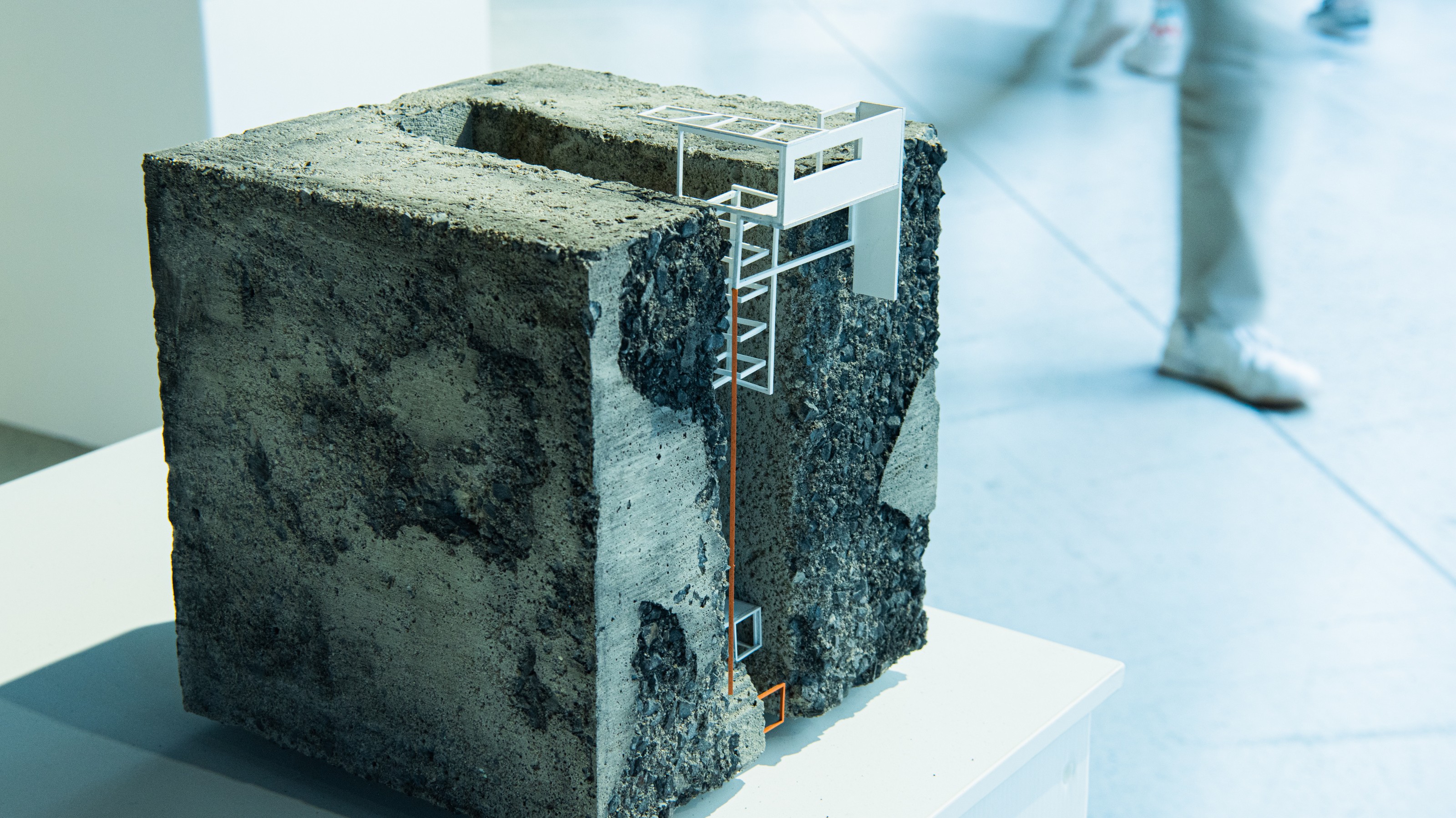 Concrete cube architectural model from Collective properties exhibition by SARC 261 elective students