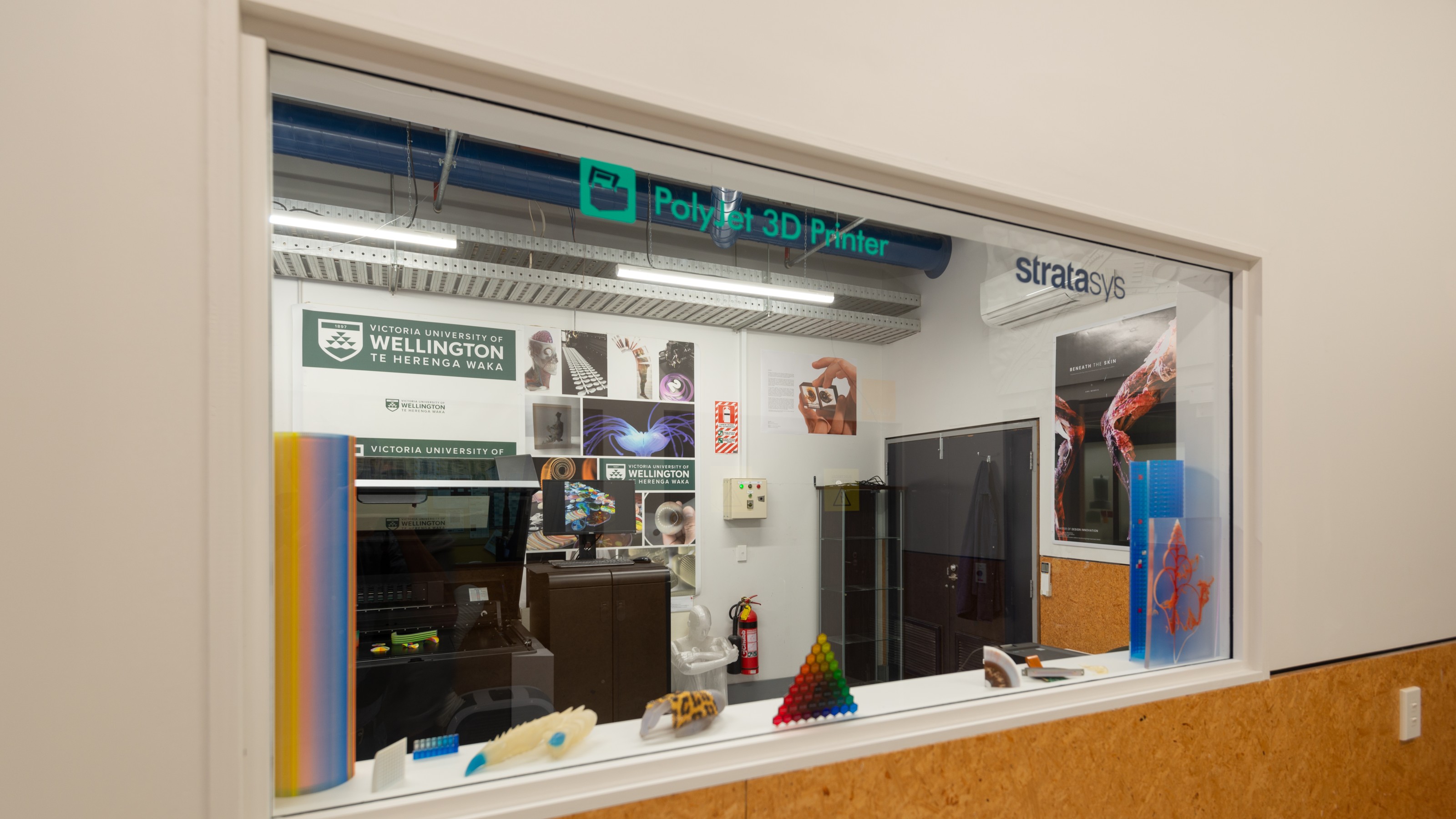 Window into statasys 3D printer room
