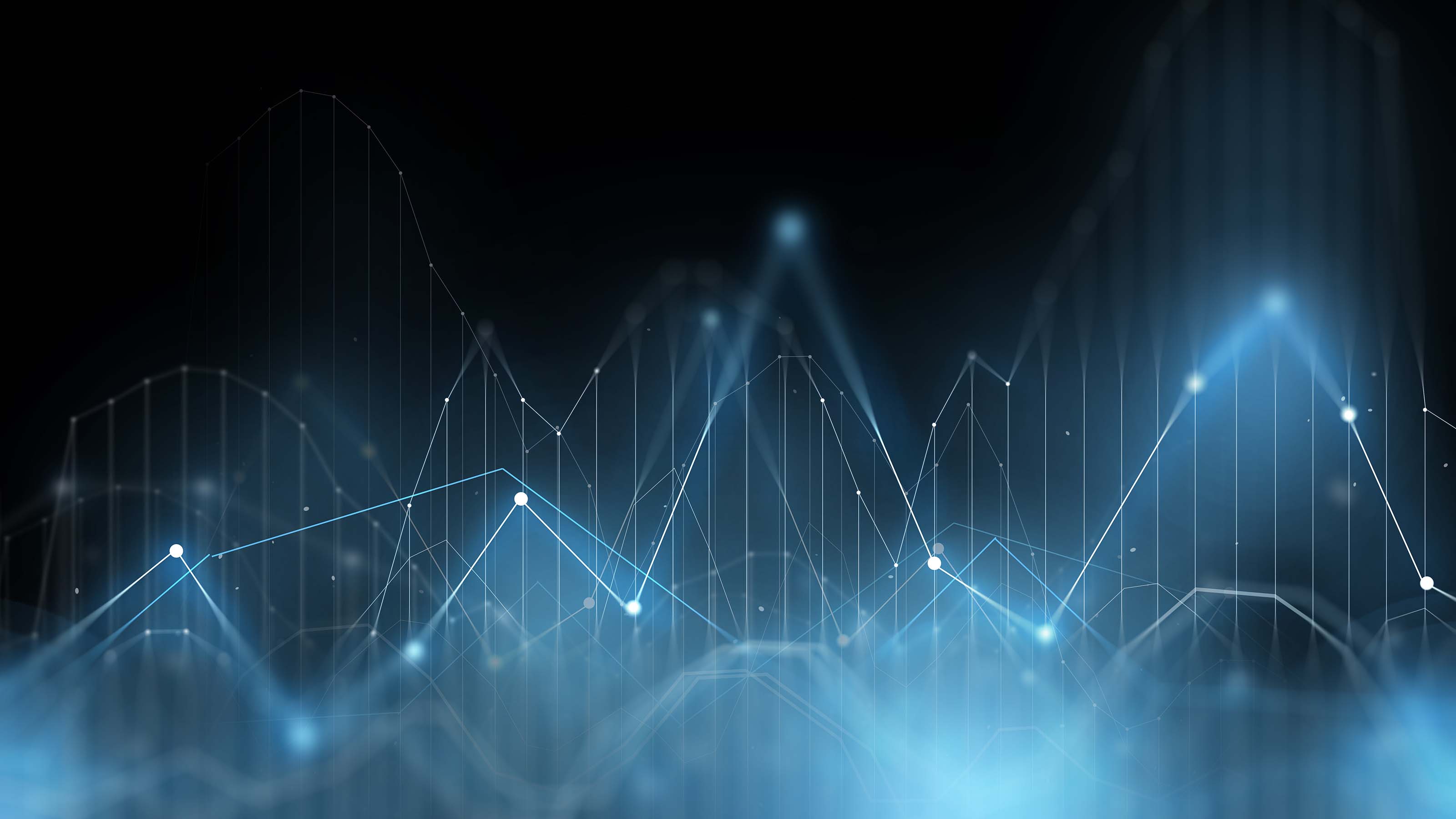 An abstract image of blue line graphs on a black background