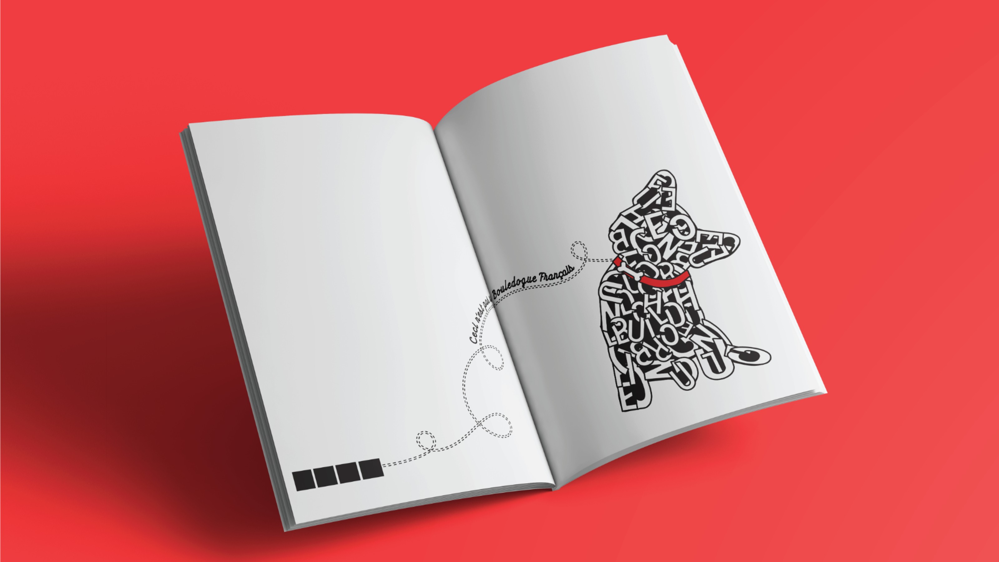 zine design A white notebook open with a silhouette of a dog with jumbled letters inside the sihouette. The dog is wearing a red collar and a black lead, which runs over onto the left hand page. The background is red.
