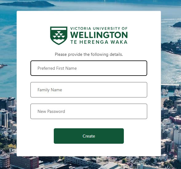 Screenshot from Puaha student portal sign up process with fields for name, surname and creating a password.