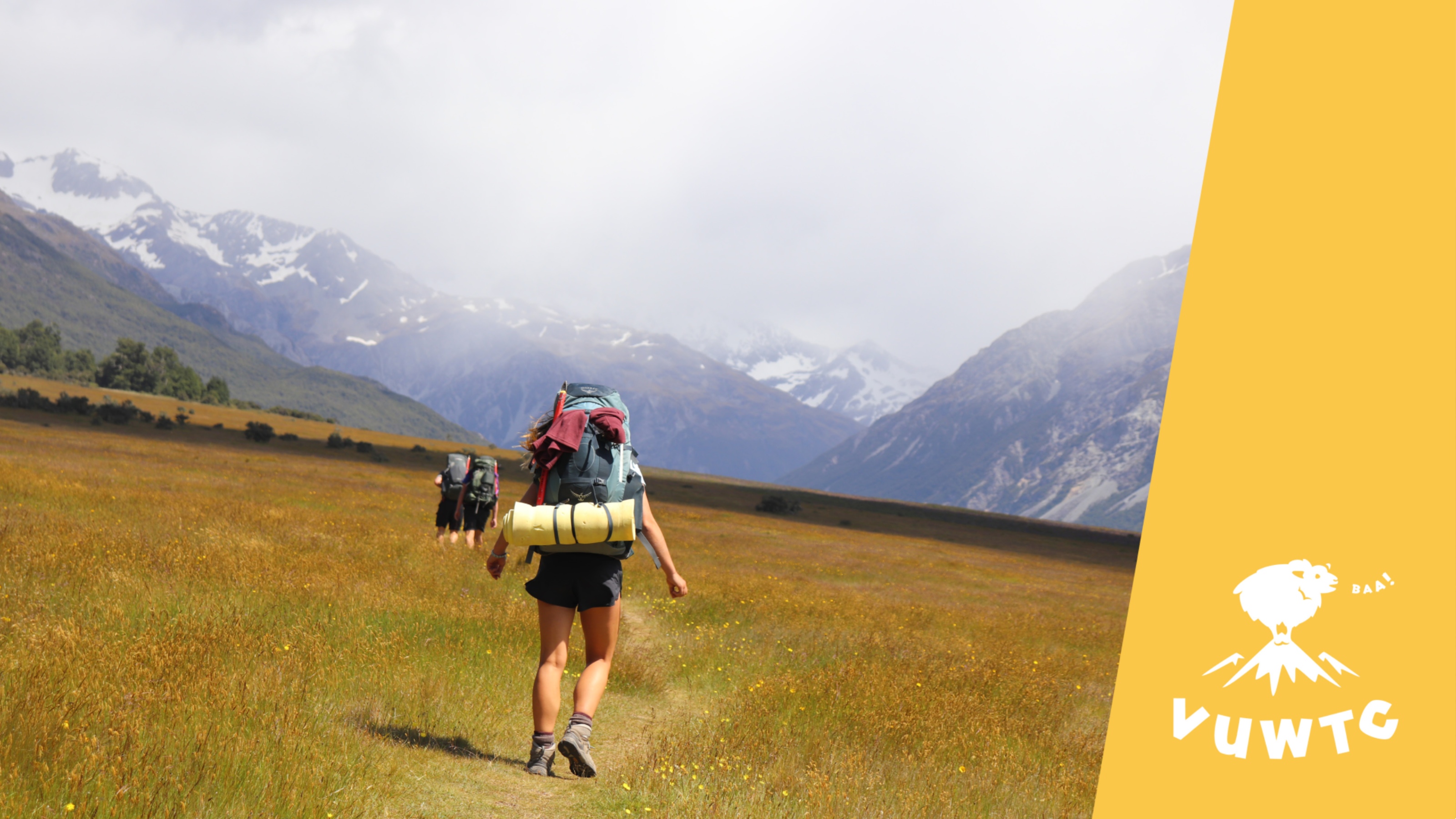 Trampers seen from the back, with heavy backpacks, walking through field.