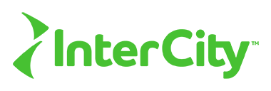 The word Intercity' is in neon green and there is a stylized map of New Zealand made up of two curved triangle shapes in the same neon green colour.