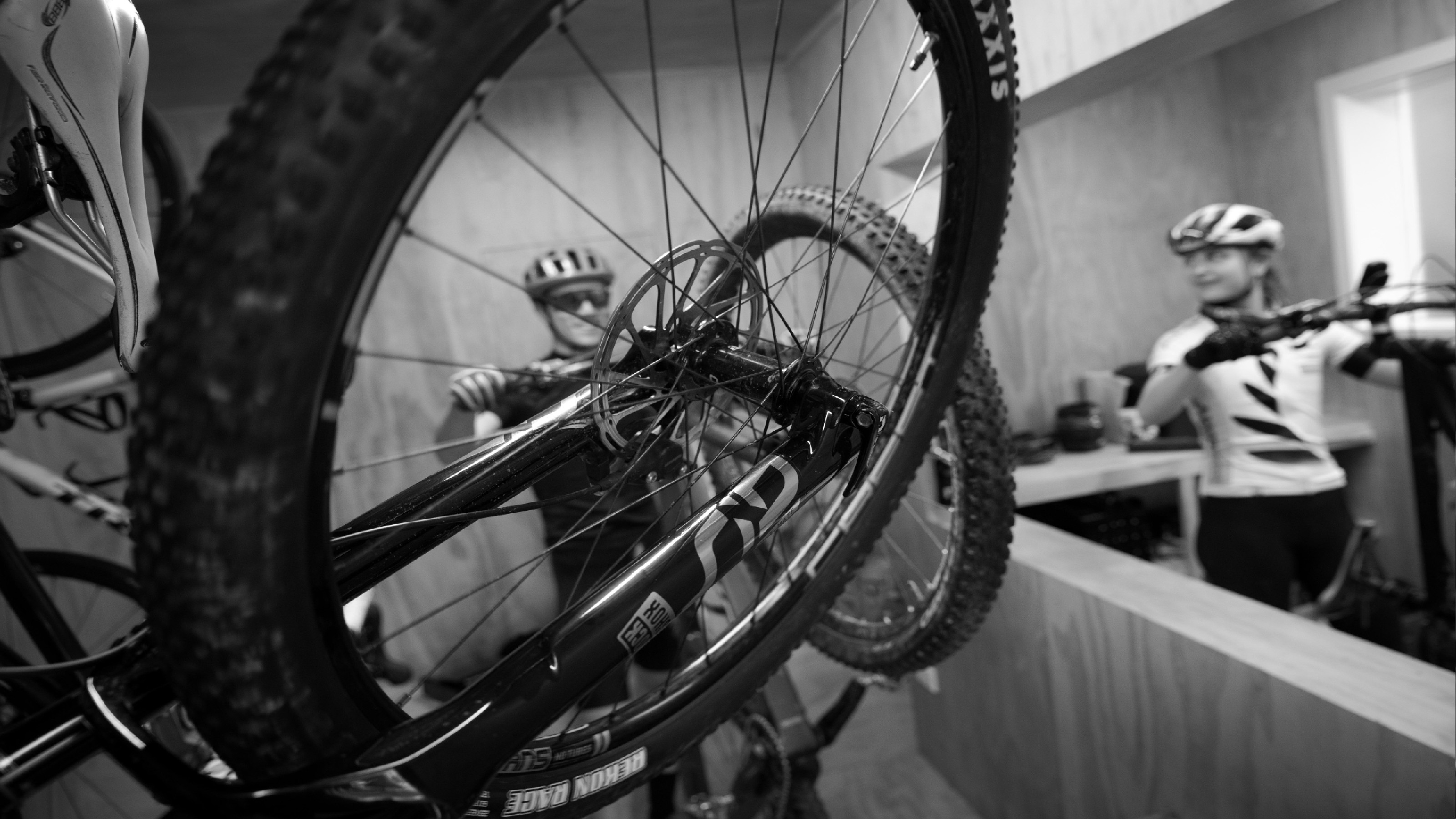 Close up of bike wheels.