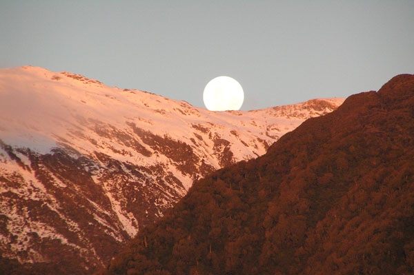 Moonrise in the setting sun, Franz Josef Glacier c. Andrew Mackintosh 2004