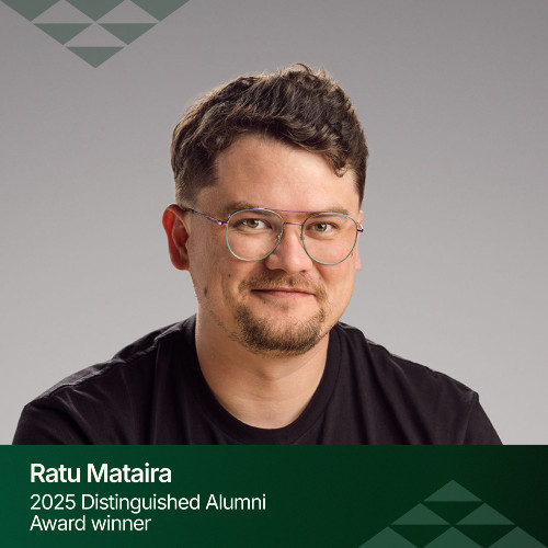 DAA 2025 Ratu Mataira A close up photo of Dr Ratu Mataira, a young Māori man with brown hair wearing glasses and looking at the camera,