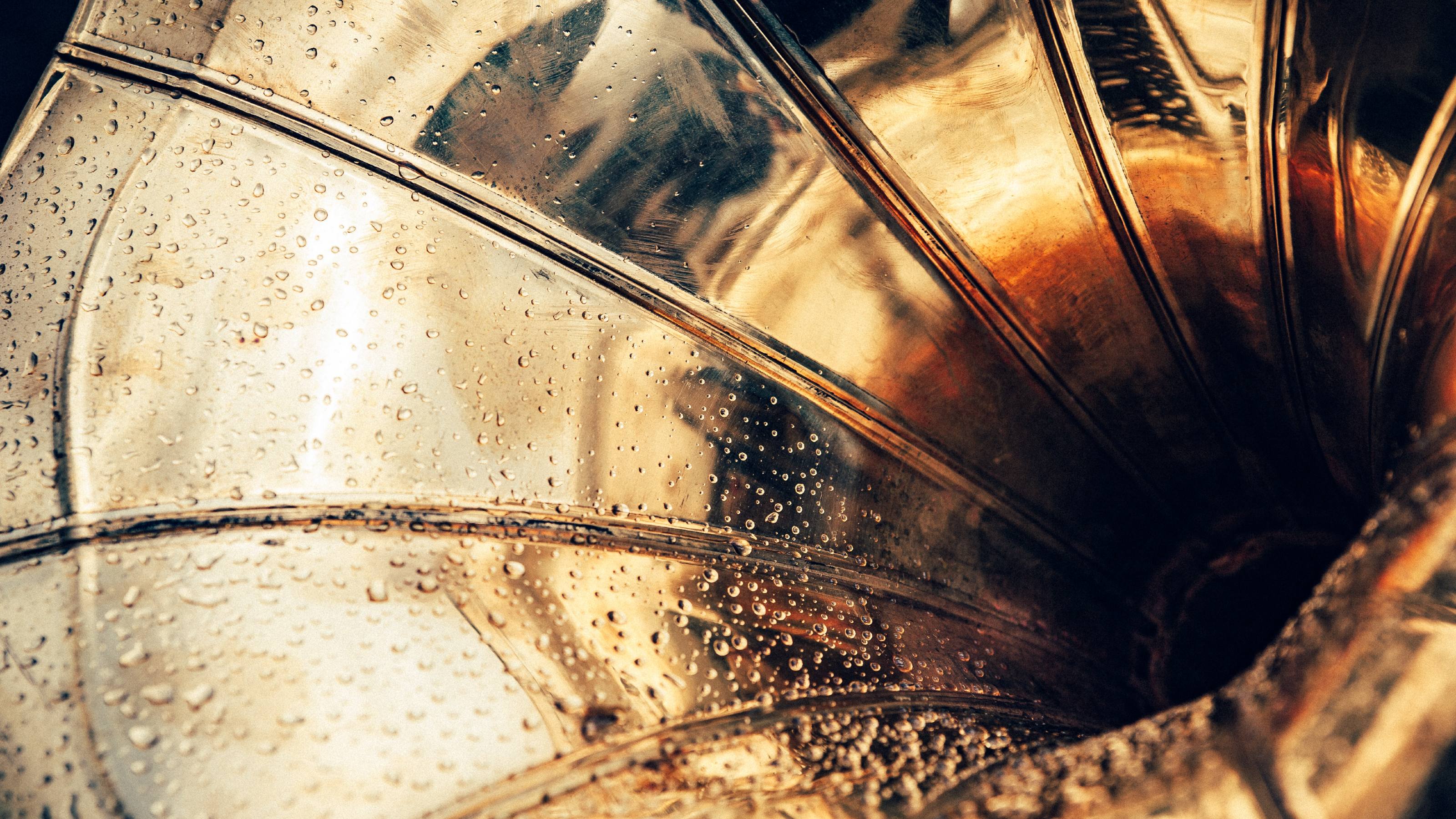 Close up of brass horn with water droplets, looking into the depths.