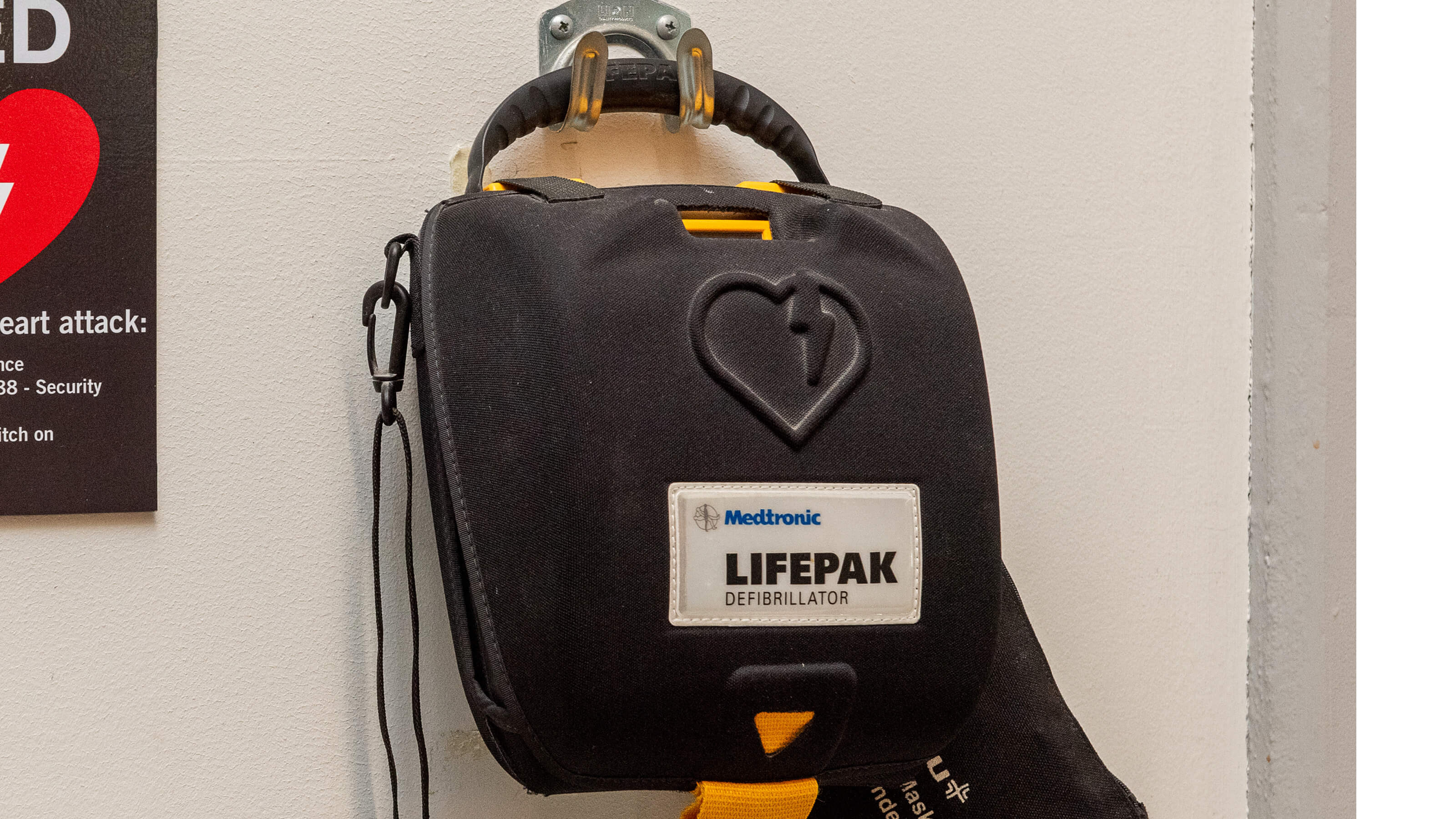 AED defibrillator Automatic External Defibrillator or AED mounted on a wall