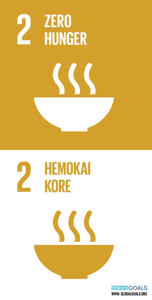 UN SDG#2 tan and white graphic A tan and white graphic logo of a bowl with steam floating up for the UN SDG 2: zero hunger - in both English and te reo Maori