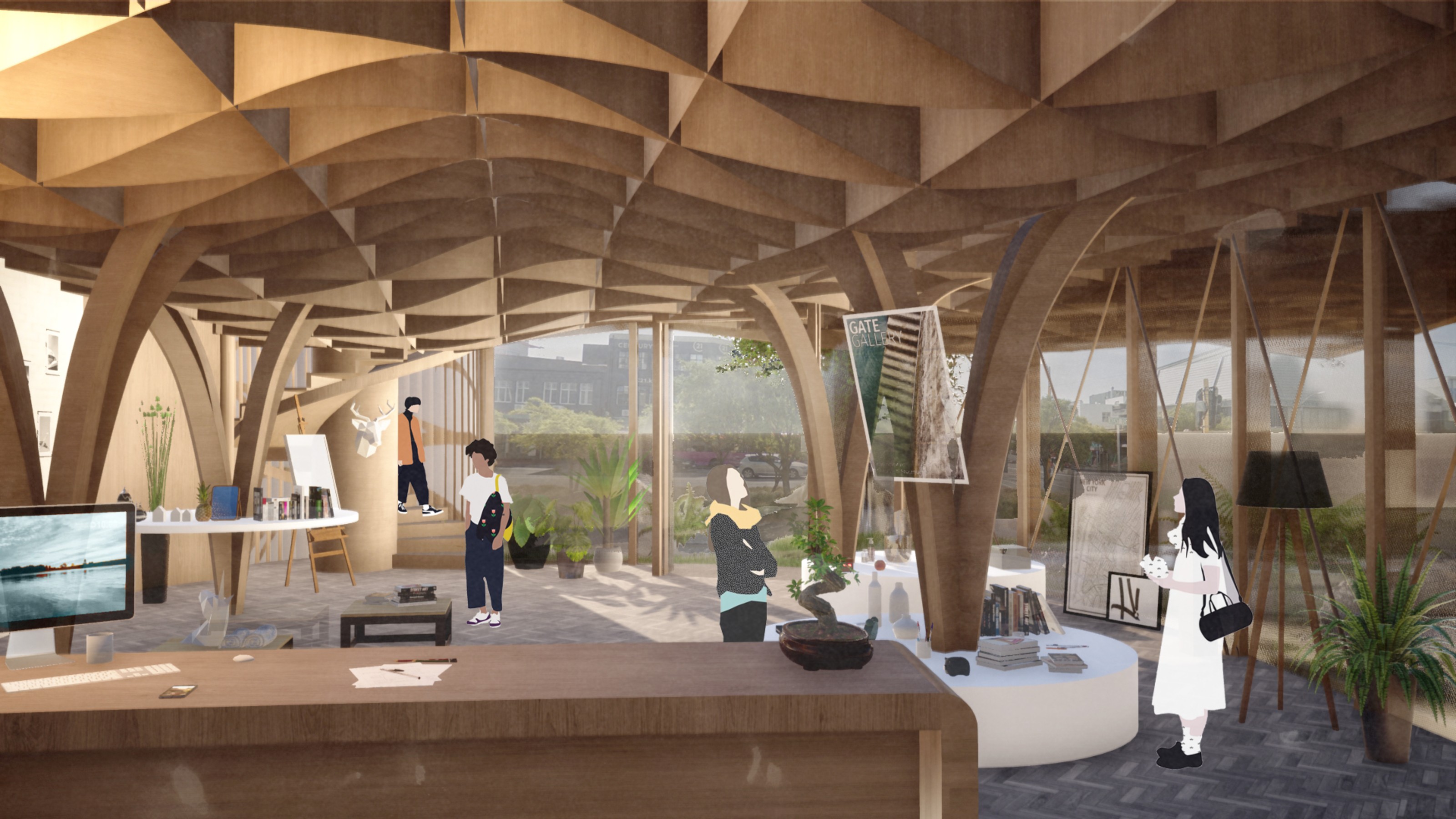 CAD render of interior space with honeycomb blond wood ceiling