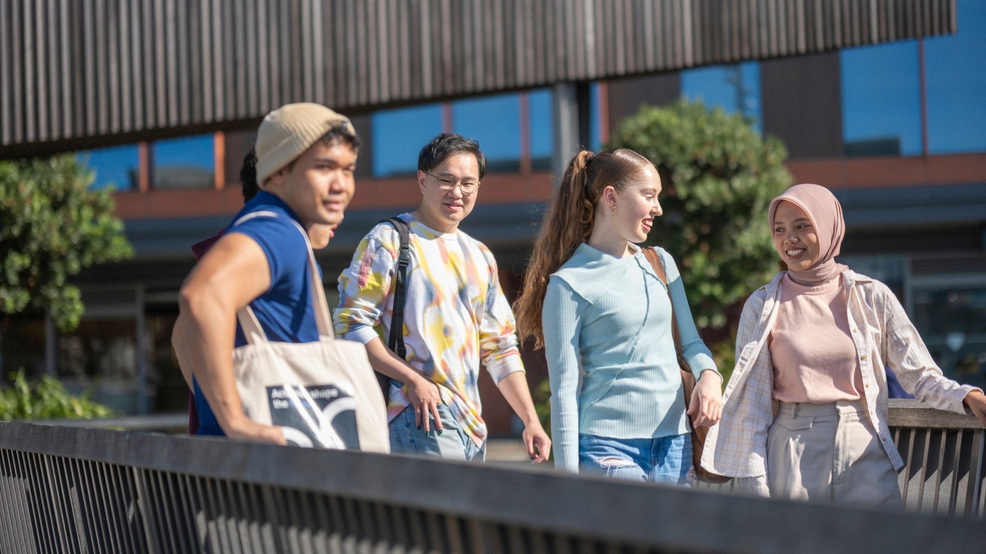 Group of students walking near Wellington waterfront