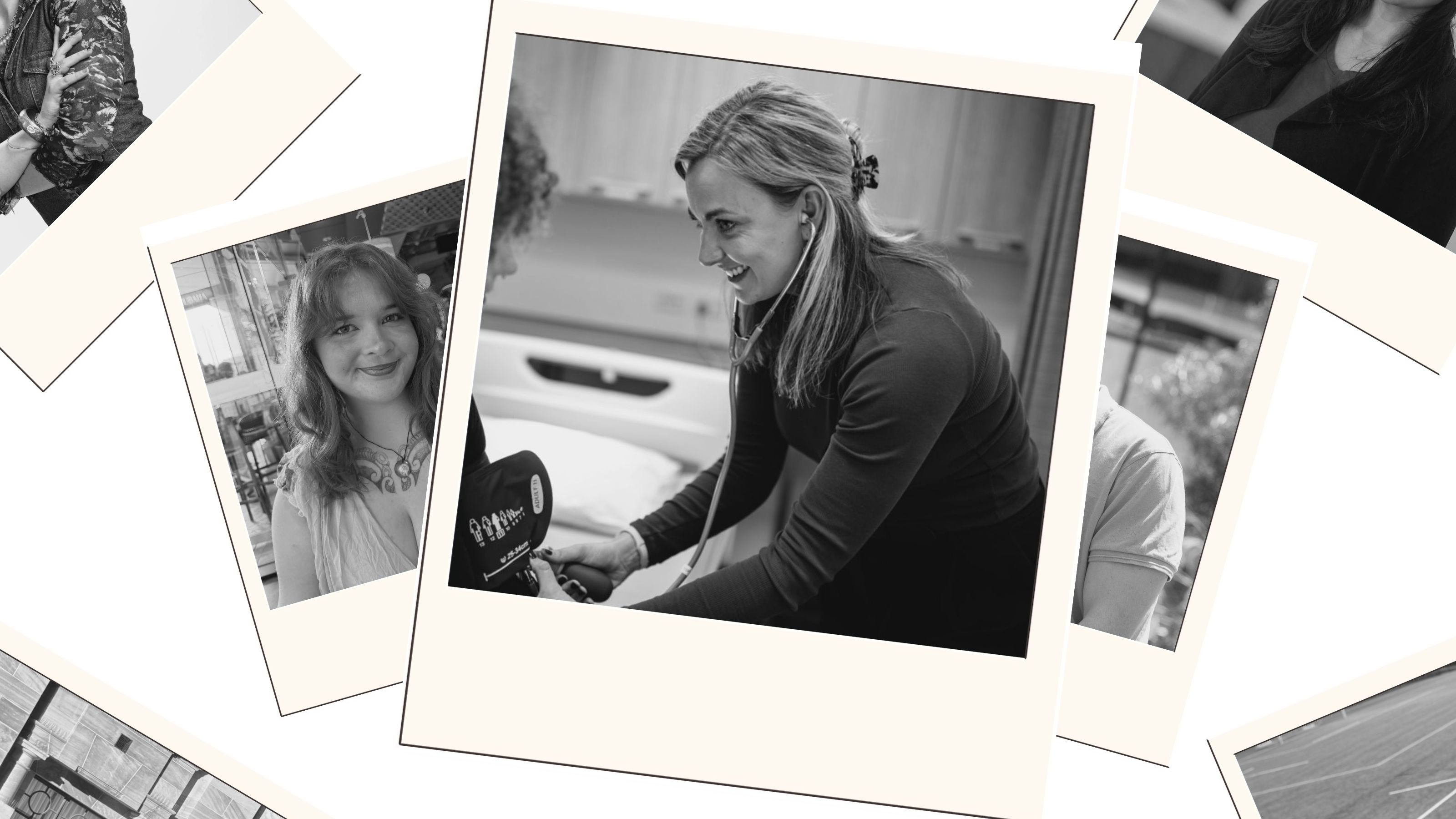 Black and white polaroid photo of a woman leaning over a patient.