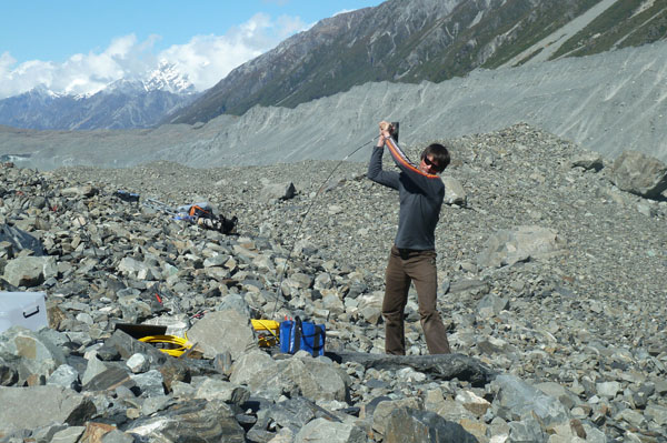 Testing seismic equipment to measure ice thickness on the debris-covered lower portion of the Tasman Glacier, Southern Alps c. Shaun Eaves 2012