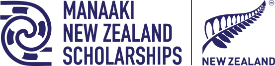 Manaaki New Zealand Scholarship Logo of a stylised fern leaf in black on a white background and the text 'Manaaki New Zealand Scholarships' to the left.