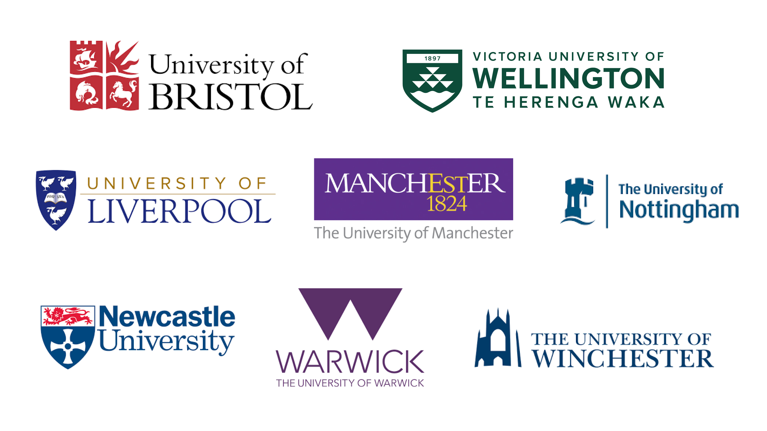 Various logos of New Zealand and United Kingdom based universities.