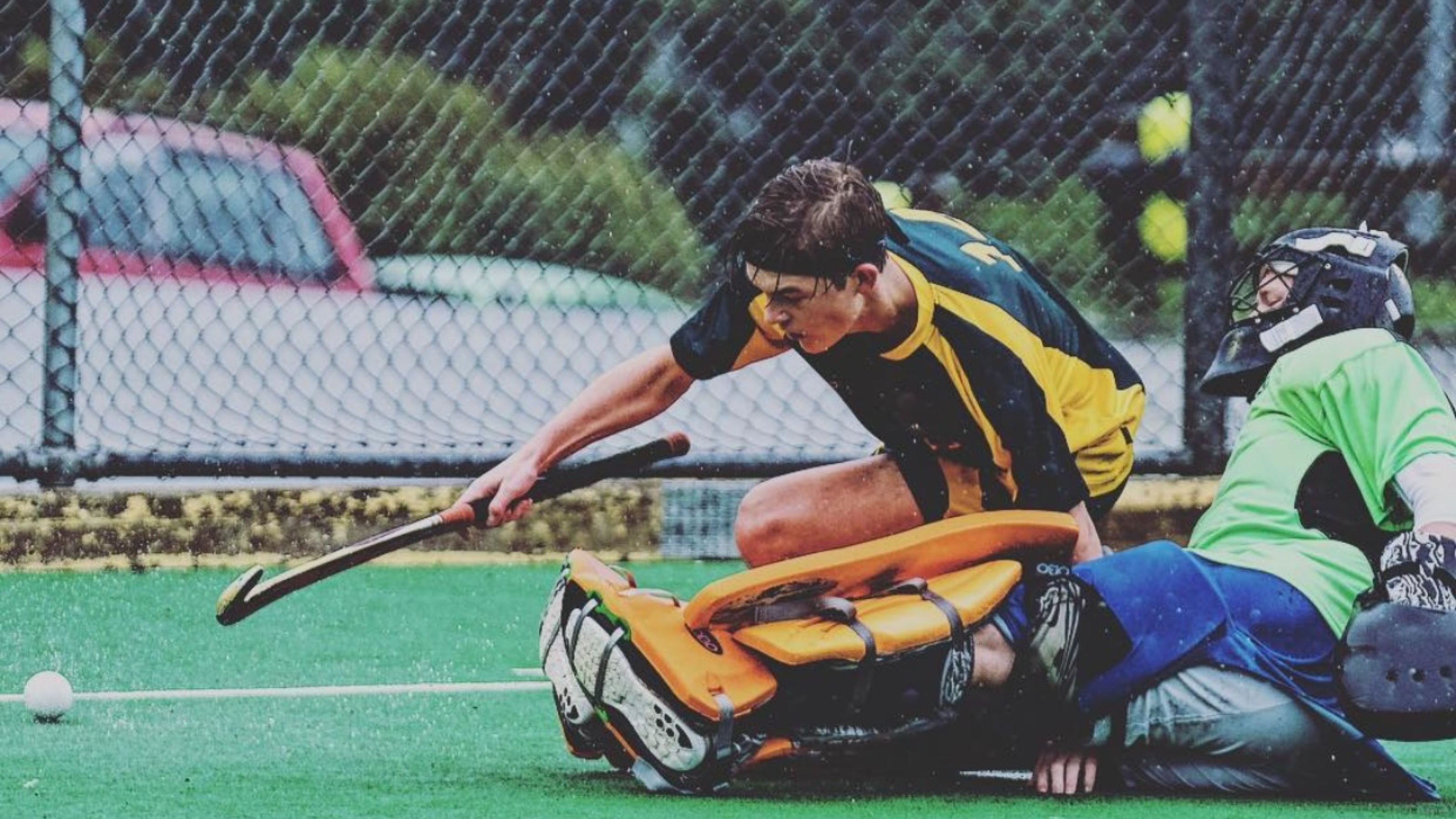 Hockey ball and player blacked by the goalie.