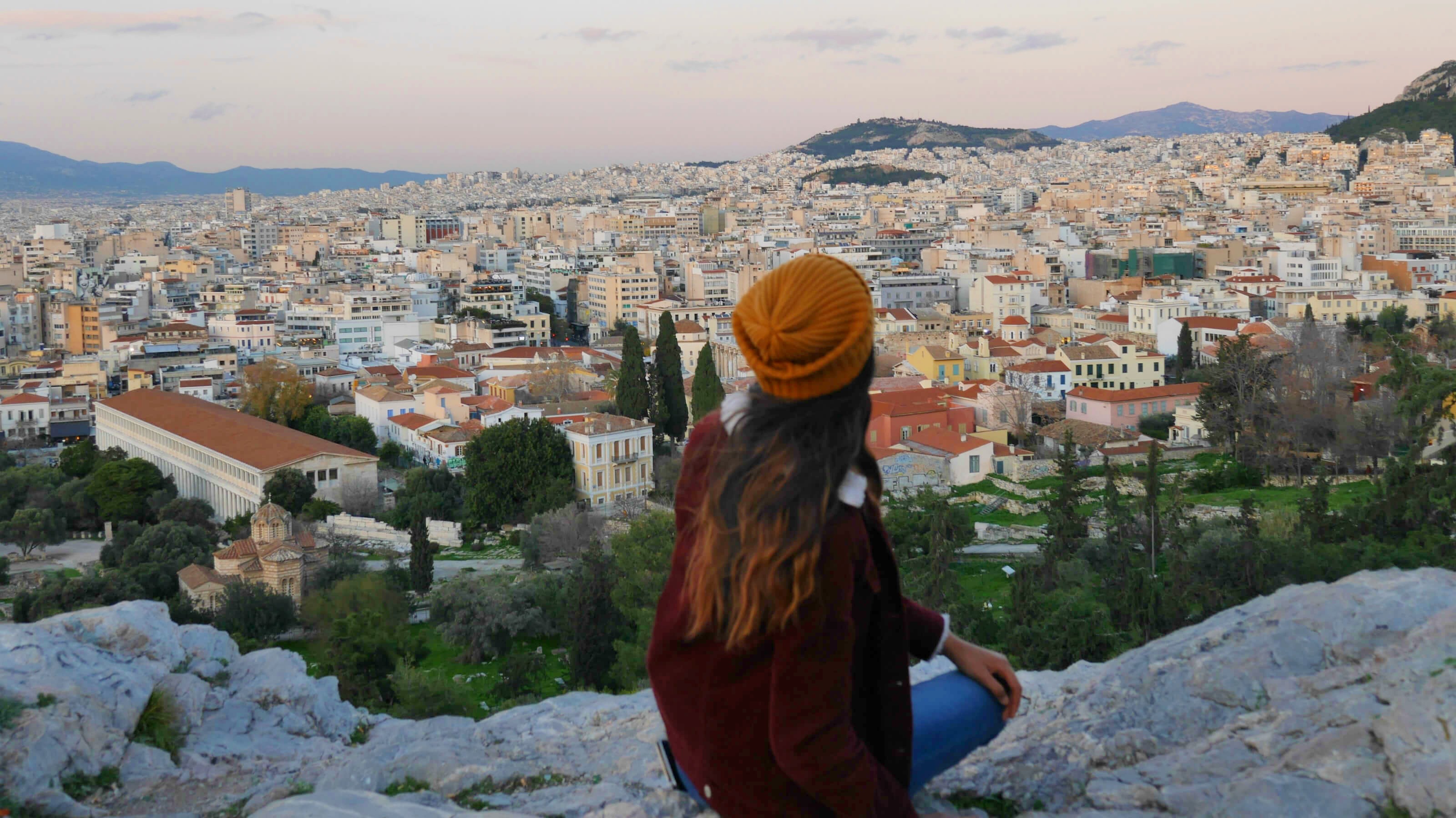 Exchange student, Dayanitha Damodaran, watching the sunset atop Mars Hill in Athens, Greece.