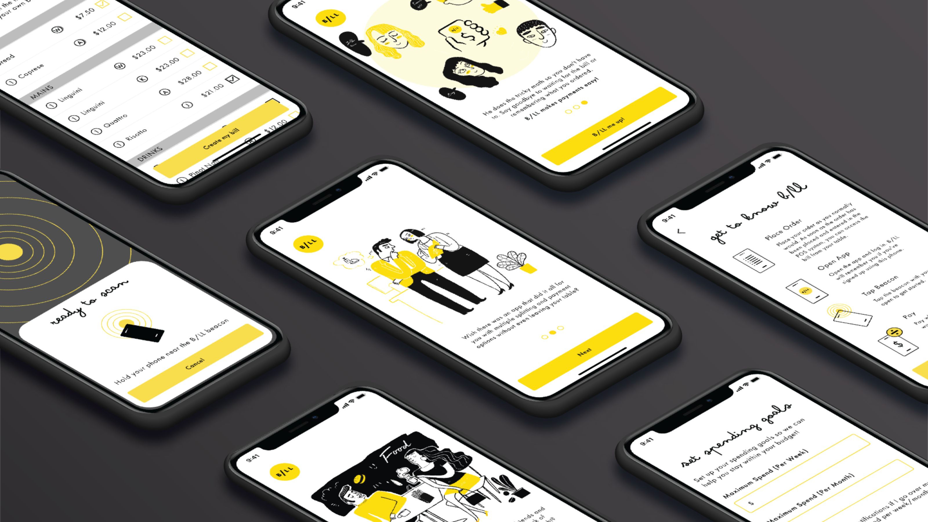 split and pay Infographic showing 7 phones laid out in a diamond formation, each showing a different screenshot of the Split and Pay app open.
