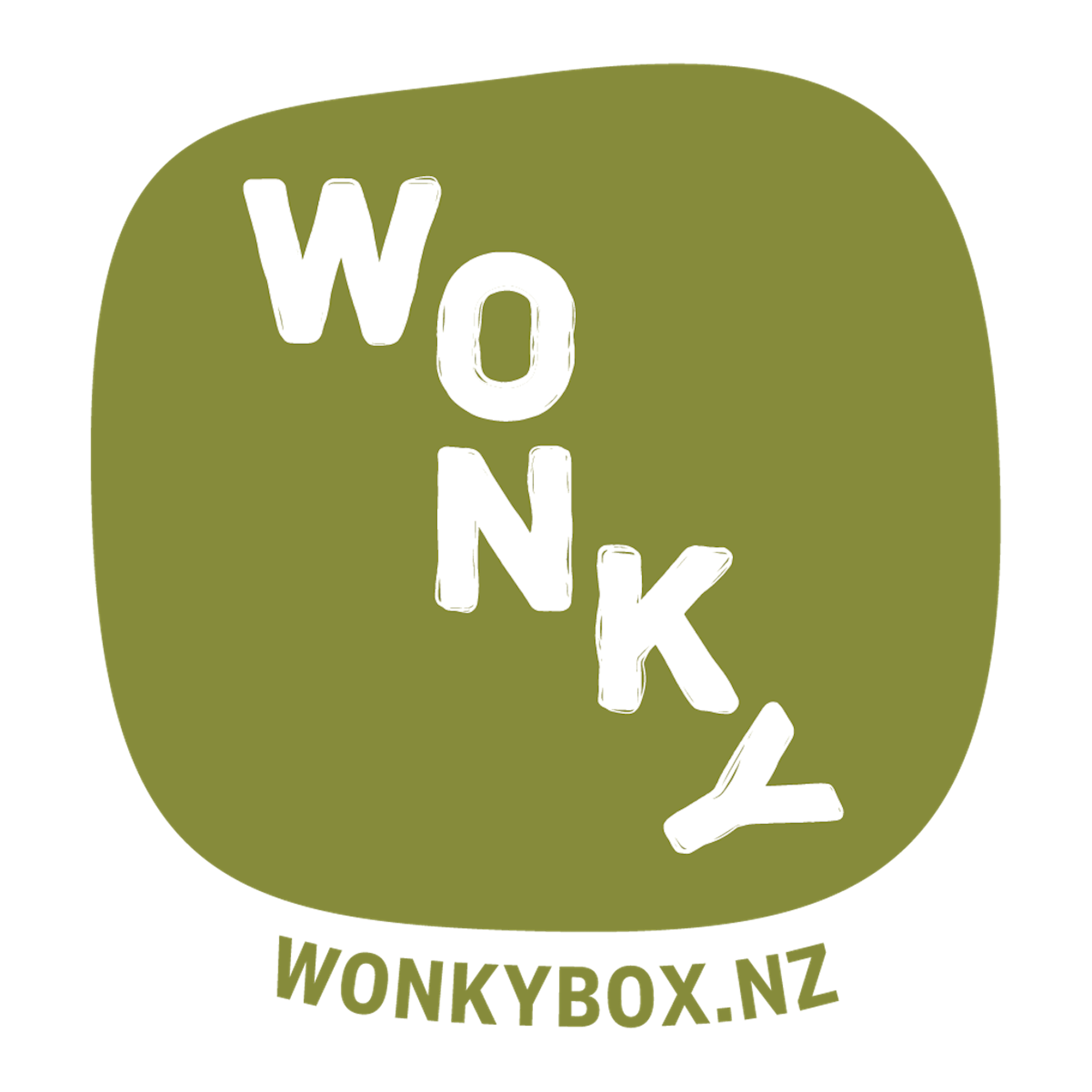 The word 'wonky' is in white and is displayed on a 'wonky' angle, in front of a circular olive green background. The words 'wonkybox.nz' is in olive green below the circular shape.