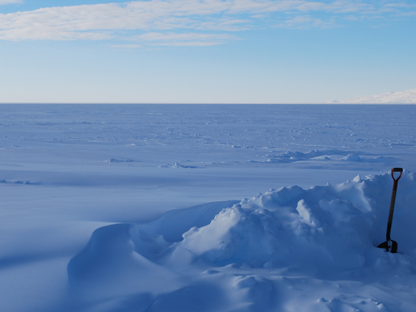 Looking out from the ANDRILL kitchen window over the Ross Ice Shelf, Coulman High c. Sanne Maas 2010-2011