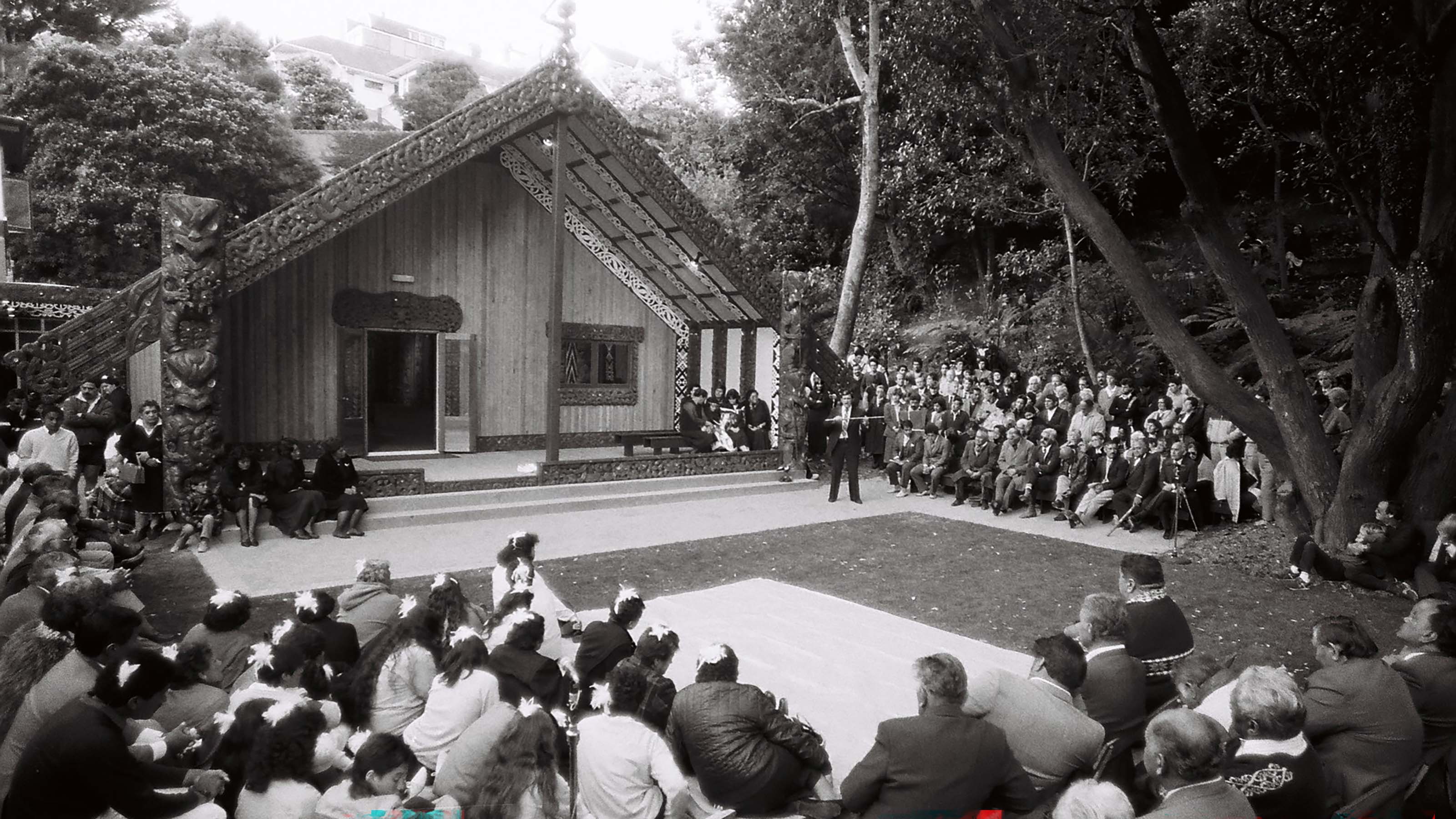 People gathered outside the new wharenui